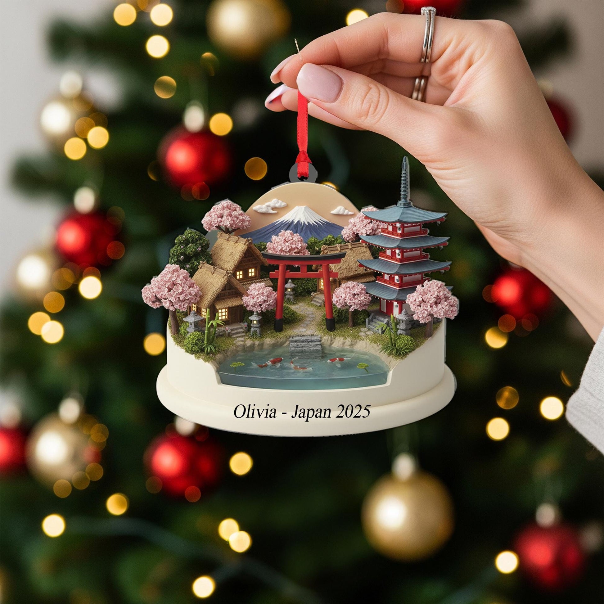 Japan Travel Ornament - Personalized Cherry Blossom Village Keepsake, Koi Pond Pagoda Christmas Decor image 6