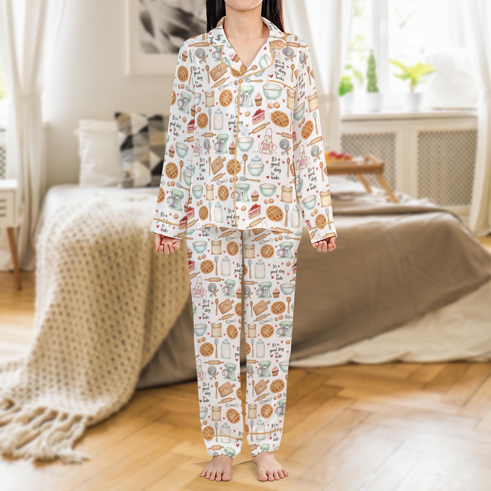 Satin Baking Pajama Set: Just a Girl Who Loves to Bake PJs, Kitchen Theme PJs image 1