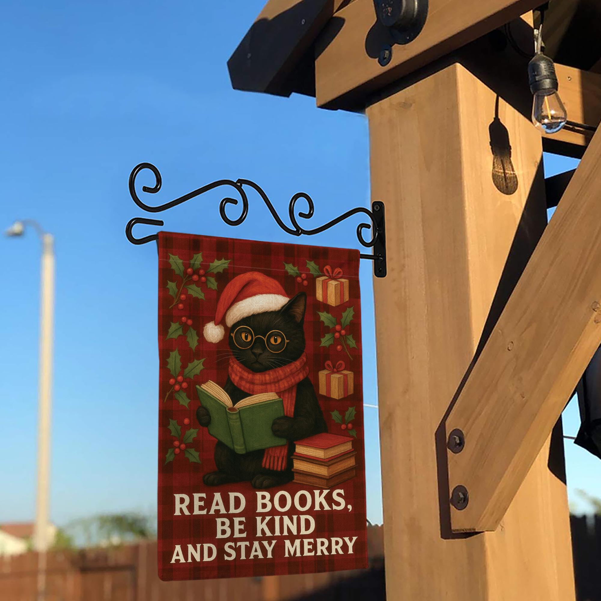 Christmas Black Cat Reading Flag: Holiday Book Lover Decor, Winter Outdoor Yard Sign image 2