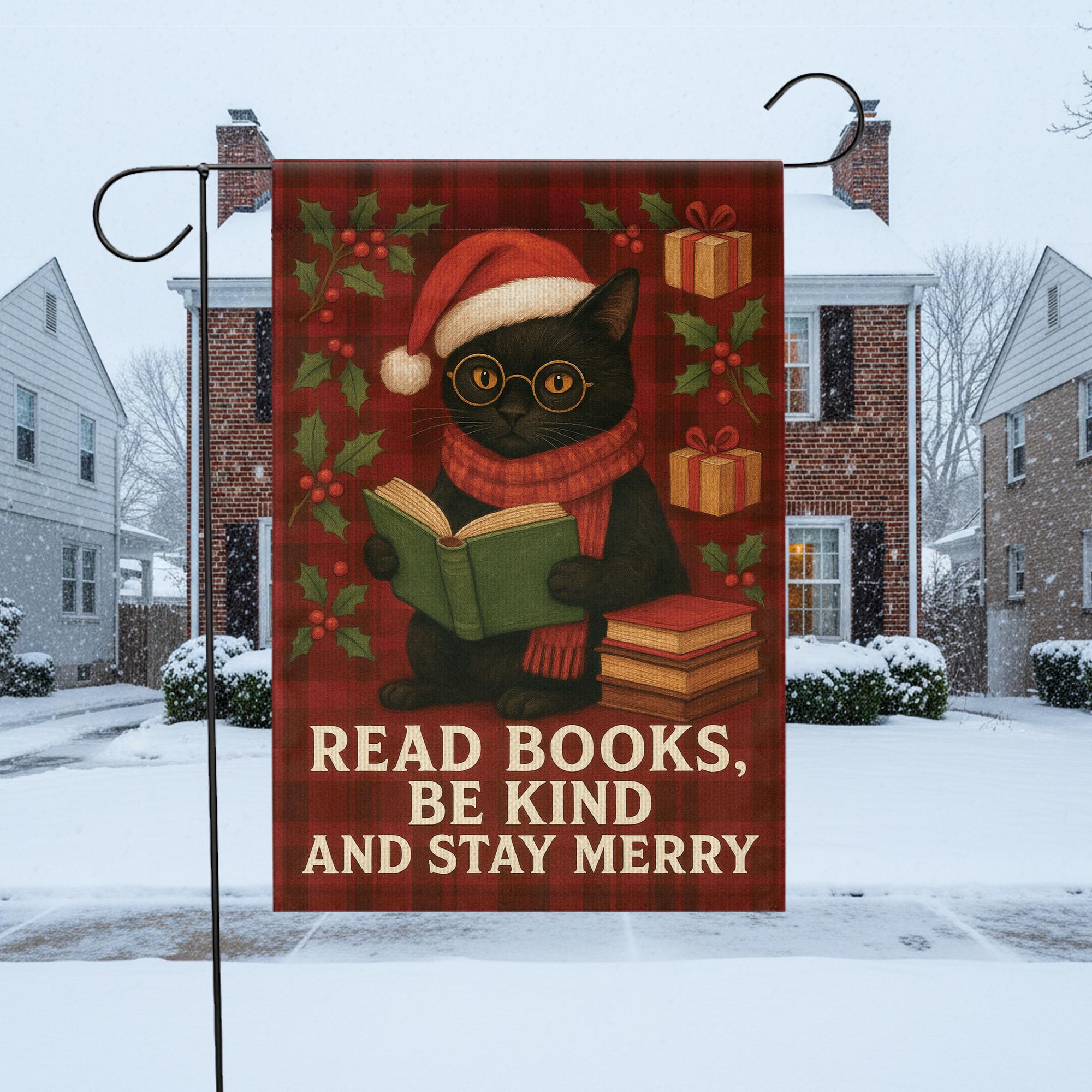 Christmas Black Cat Reading Flag: Holiday Book Lover Decor, Winter Outdoor Yard Sign image 1