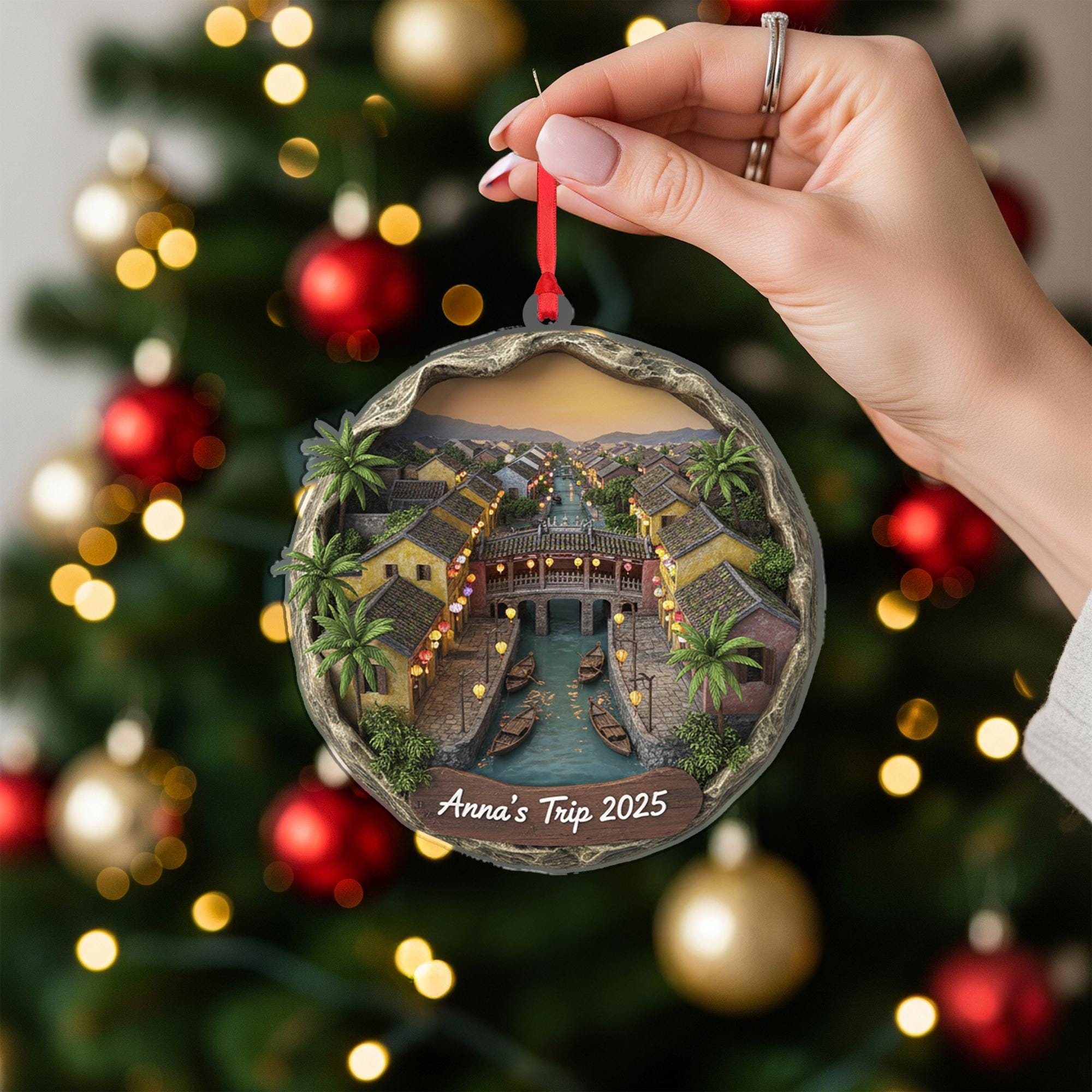 Personalized Hoi An Ornament, Vietnam Travel Keepsake, Canal Town Scene Decor image 2