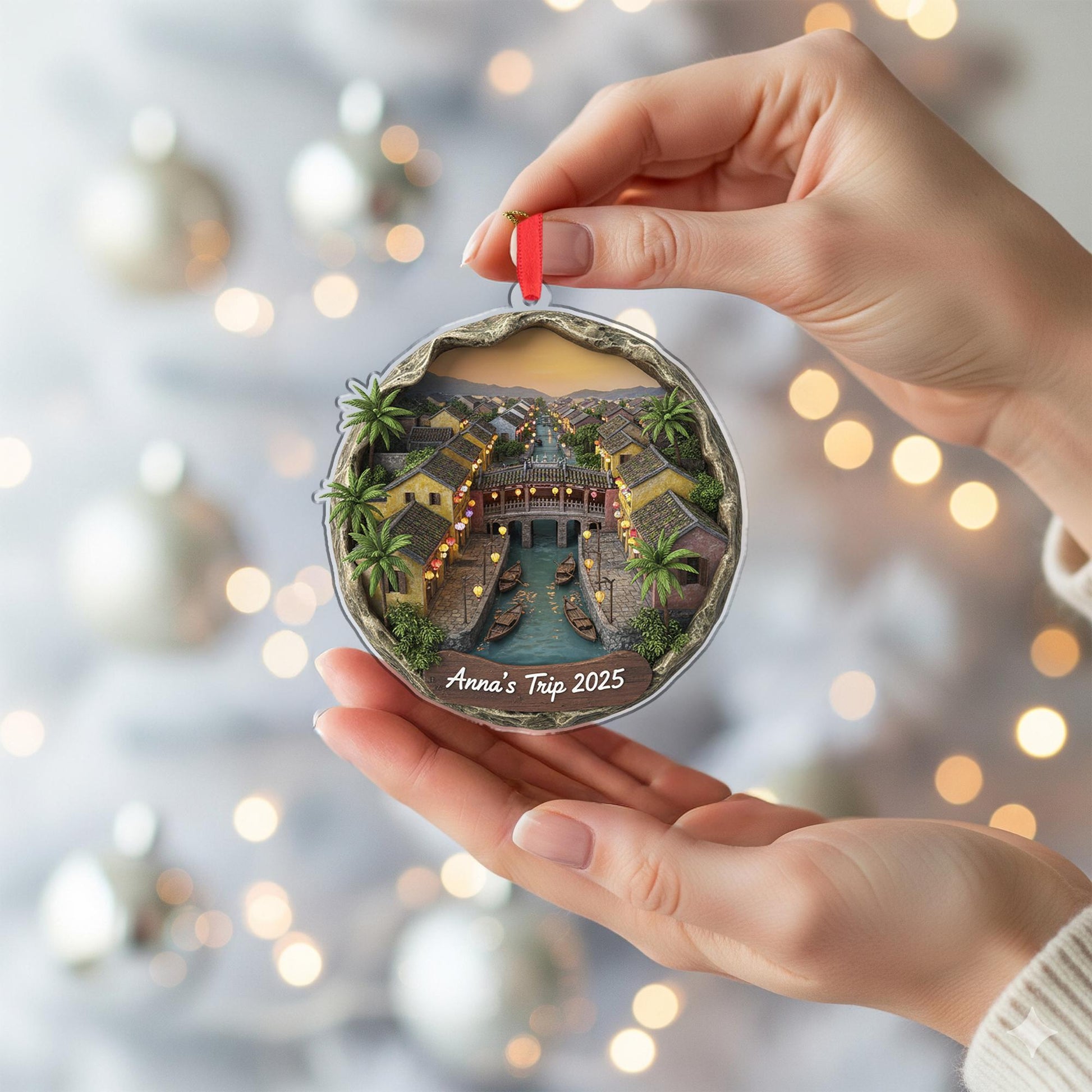 Personalized Hoi An Ornament, Vietnam Travel Keepsake, Canal Town Scene Decor image 5