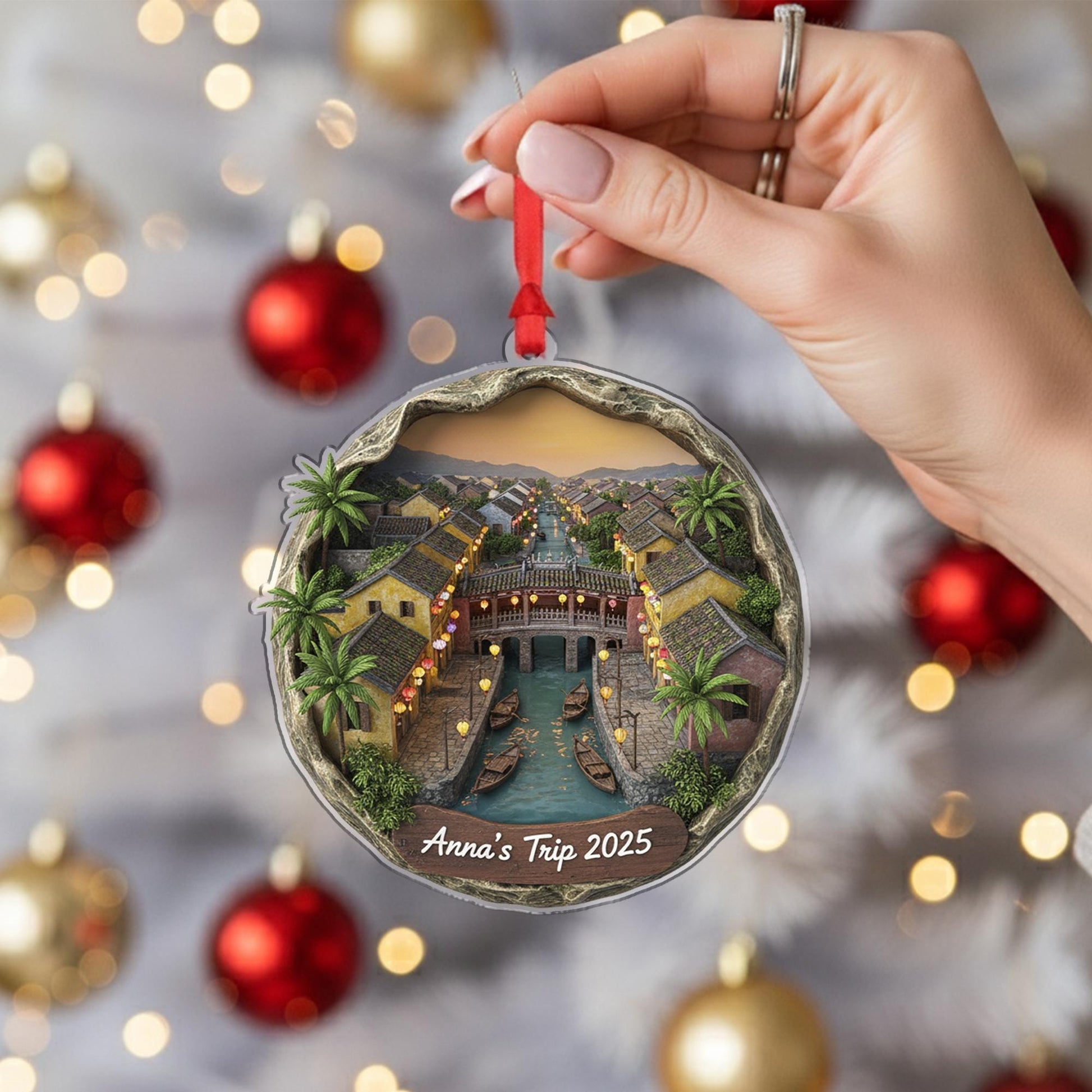 Personalized Hoi An Ornament, Vietnam Travel Keepsake, Canal Town Scene Decor image 3