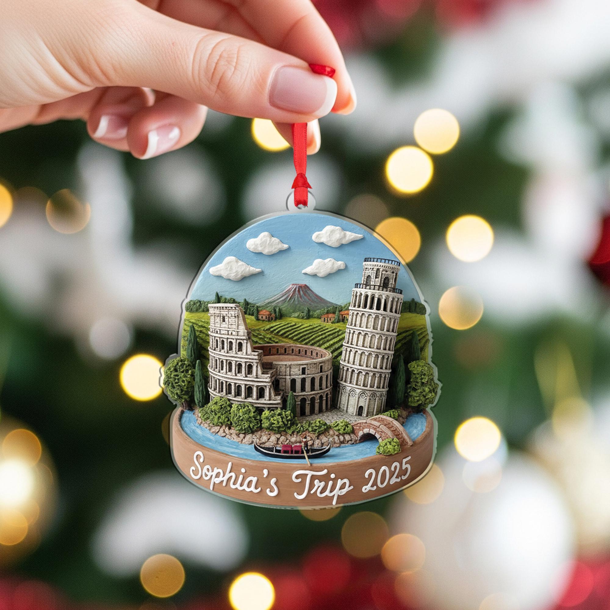 Personalized Italy Ornament, Custom Travel Keepsake, Colosseum and Pisa Scene Decor image 3