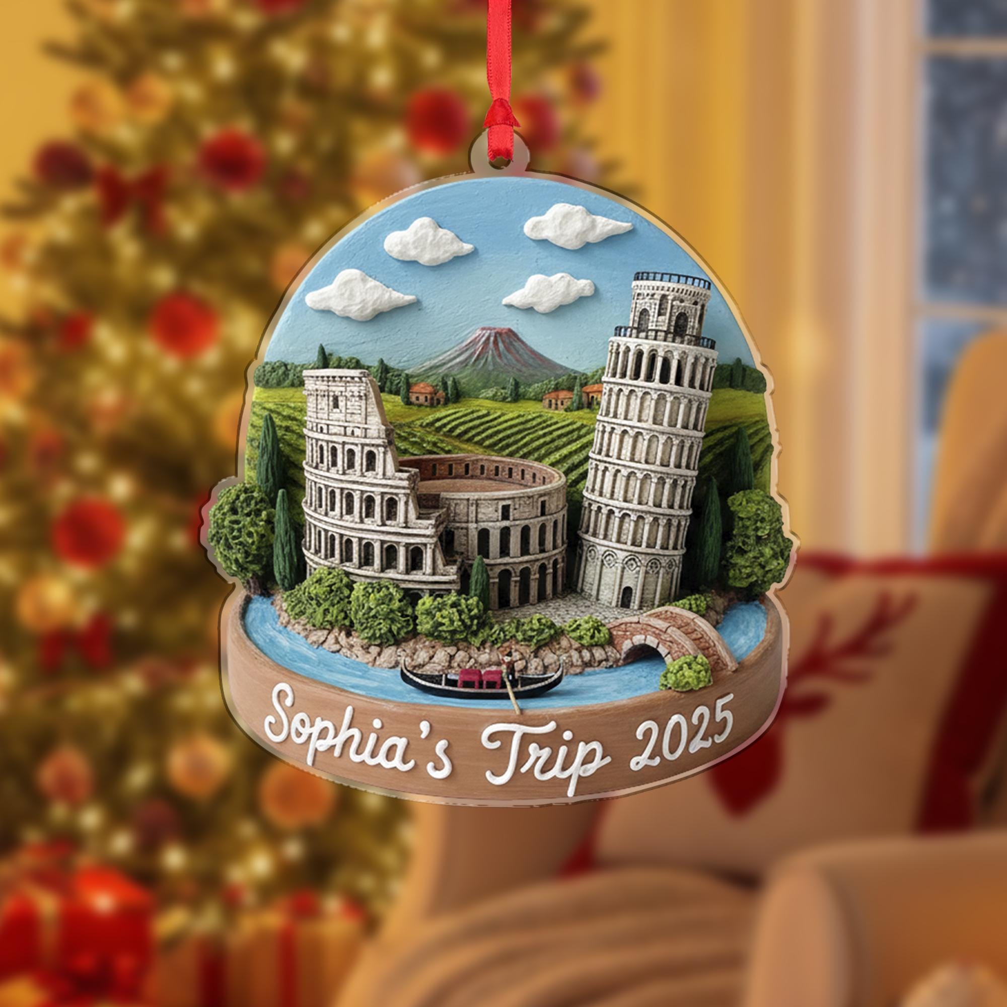 Personalized Italy Ornament, Custom Travel Keepsake, Colosseum and Pisa Scene Decor image 7