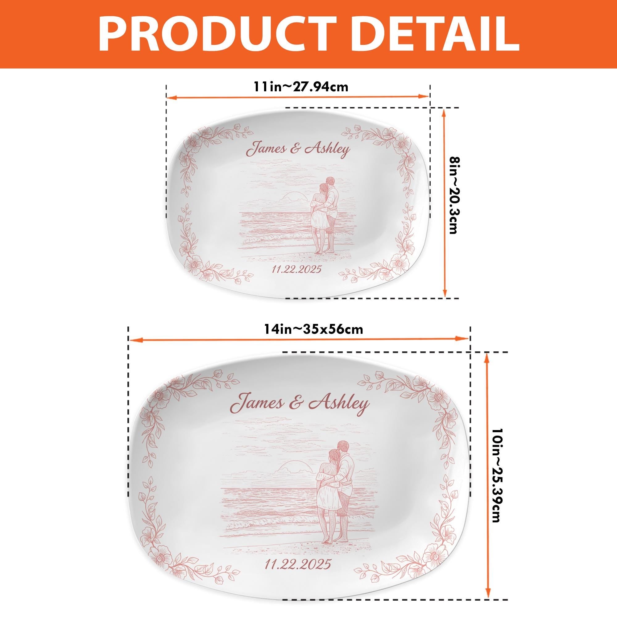 Personalized Couple Photo Platter, Custom Anniversary Illustration Dish, Floral Border Decor Plate image 2