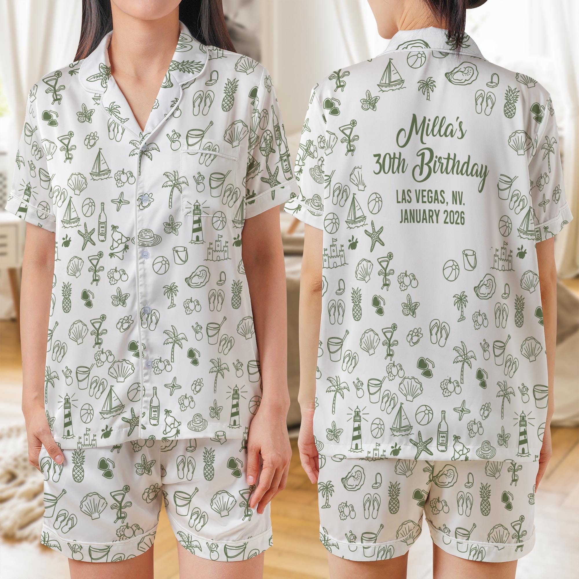 Personalized Satin Pajama Set: Bachelorette Party Sleepwear, Custom Text Beach Print image 1