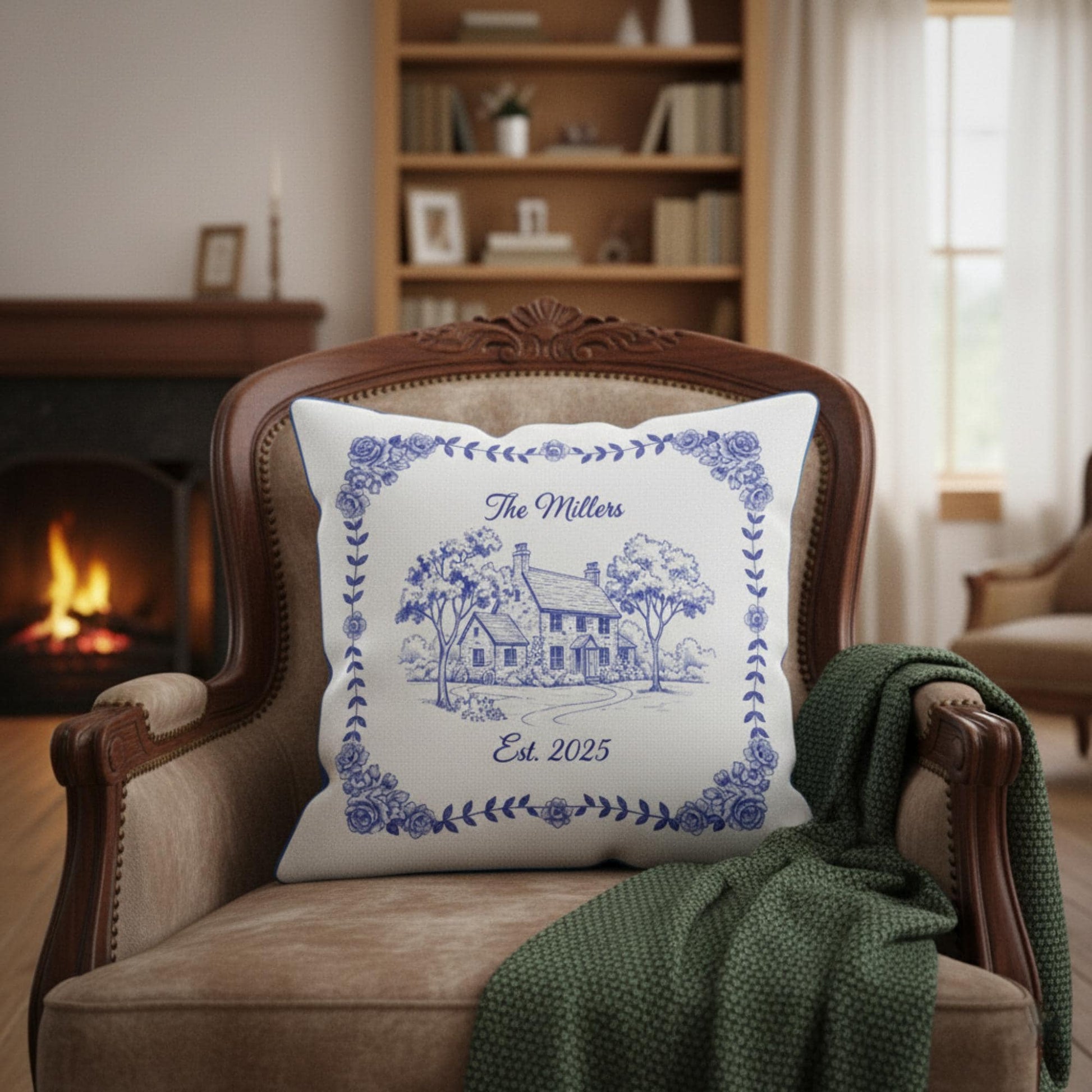 Custom House Pillow – Personalized Blue Chinoiserie Home Illustration Decor image 4