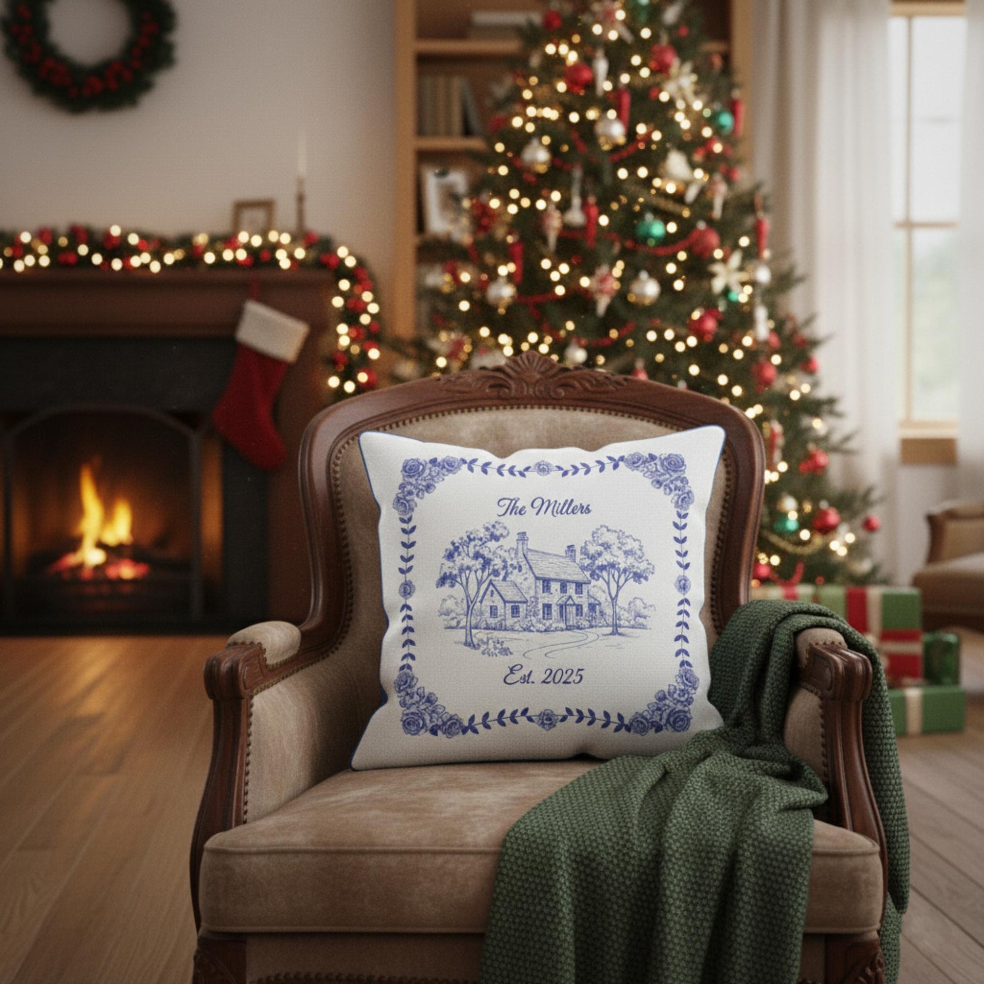 Custom House Pillow – Personalized Blue Chinoiserie Home Illustration Decor image 3