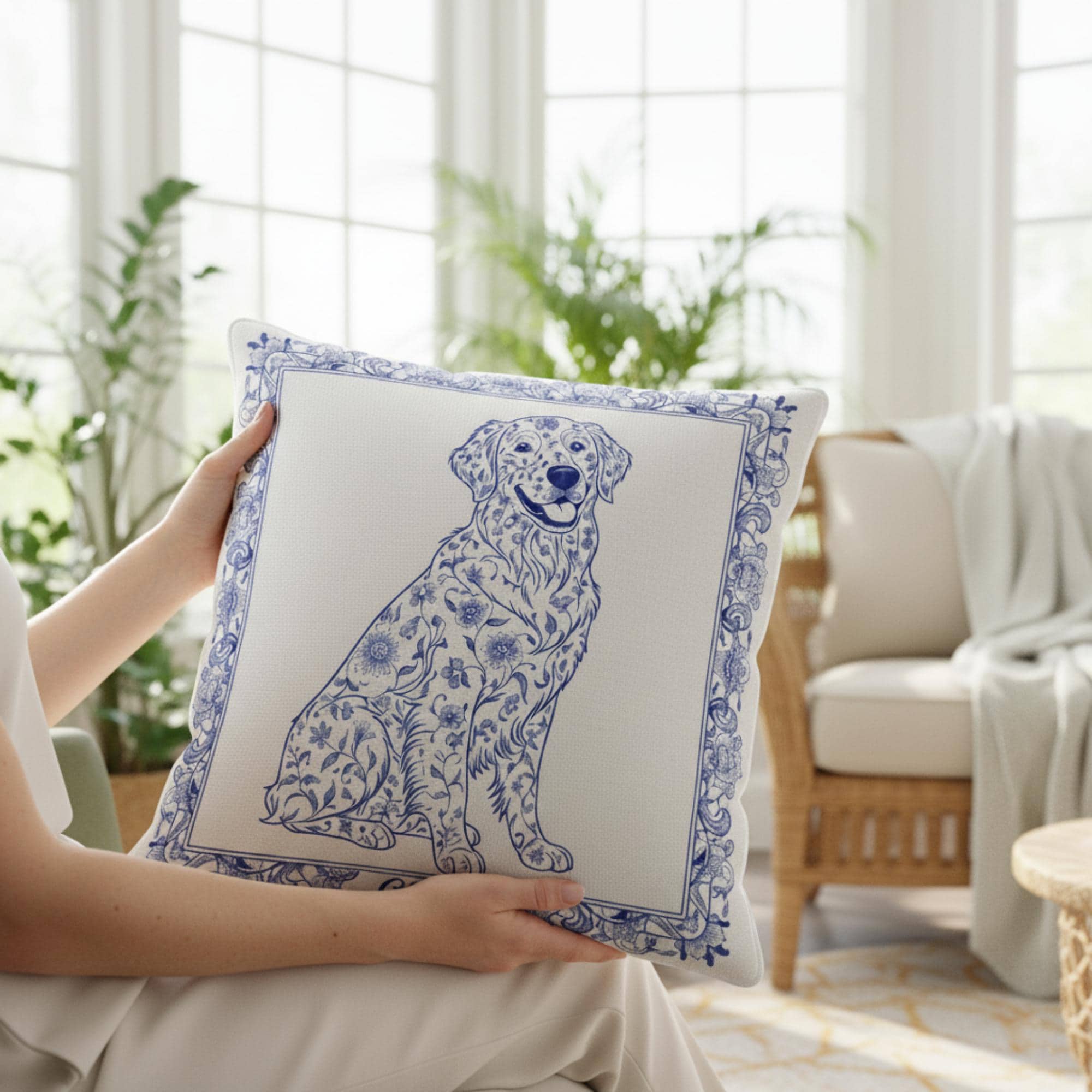 Custom Dog Breed Pillow – Personalized Blue Chinoiserie Pet Illustration Decor image 2