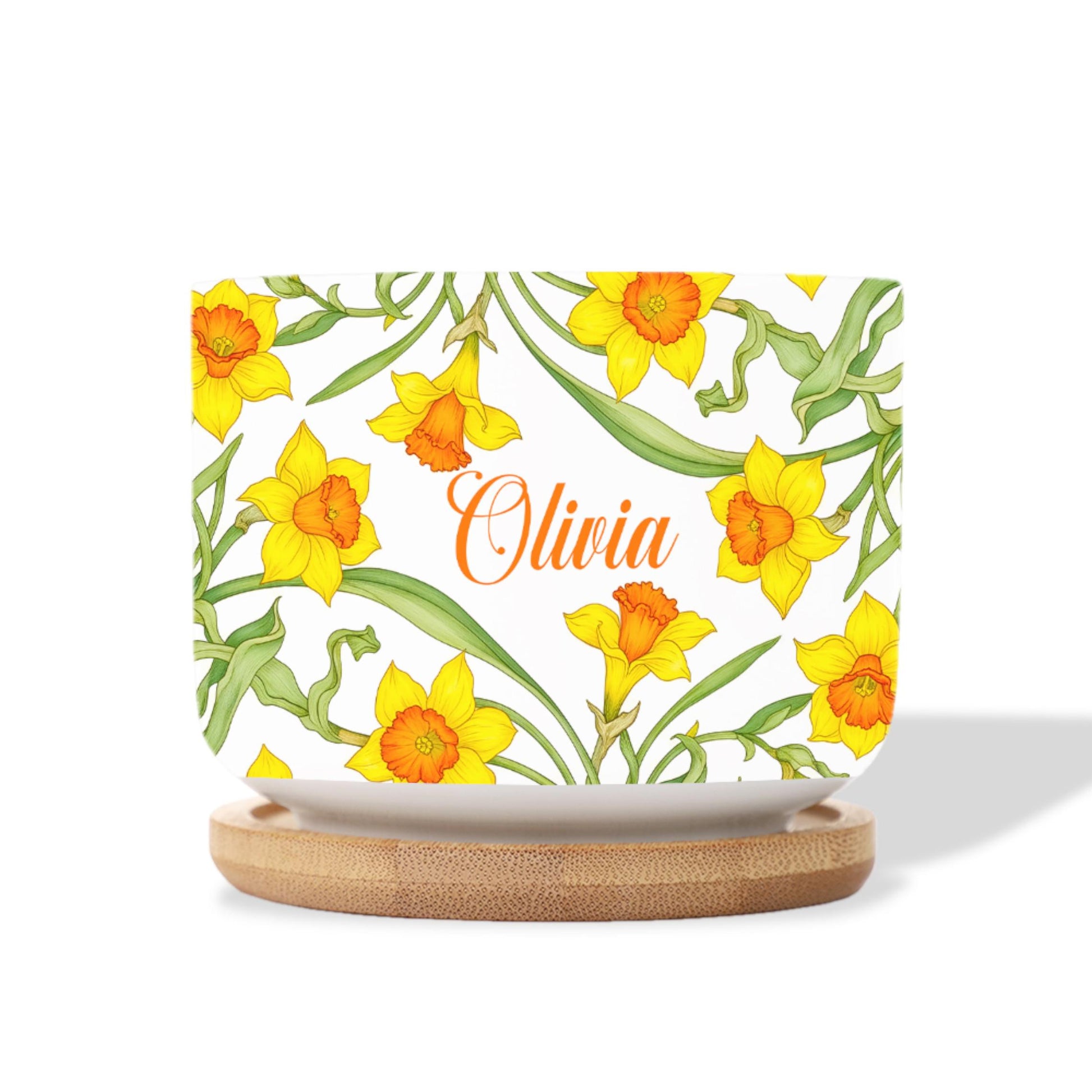 Personalized March Flower Daffodil Plant Pot: Custom Name Ceramic Succulent Planter with Tray image 3