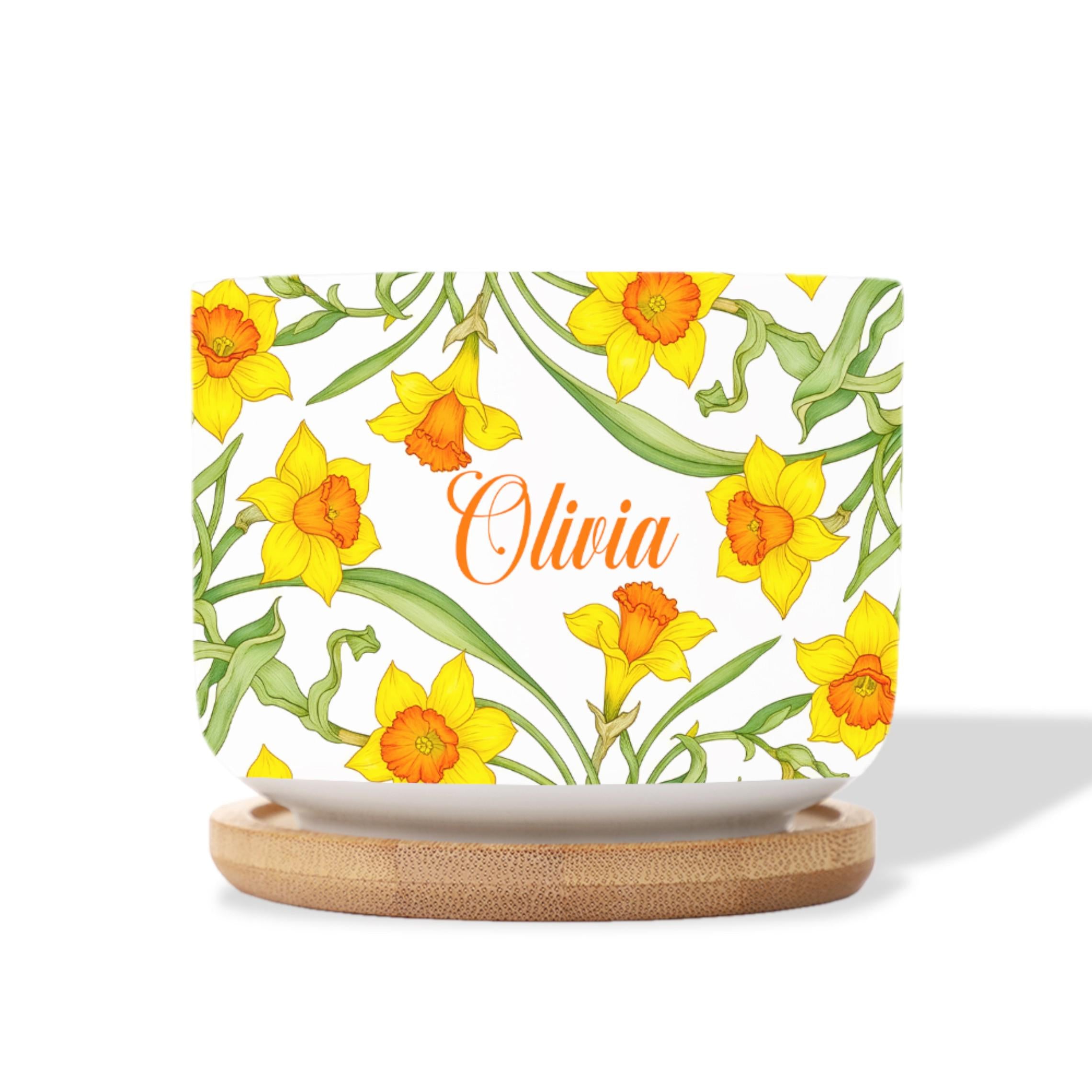 Personalized March Flower Daffodil Plant Pot: Custom Name Ceramic Succulent Planter with Tray image 3