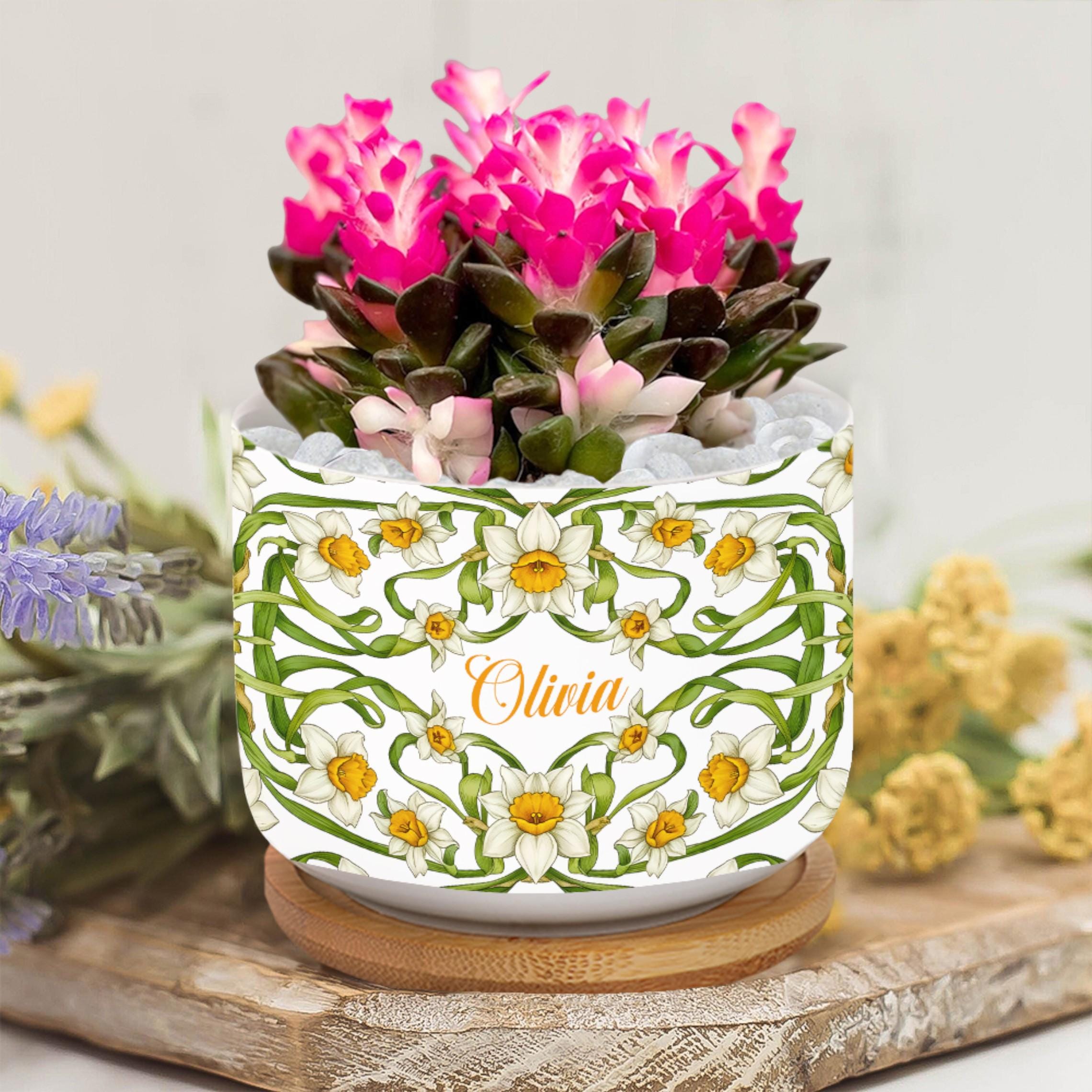 Personalized March Flower Daffodil Plant Pot: Custom Name Ceramic Succulent Planter with Tray image 1