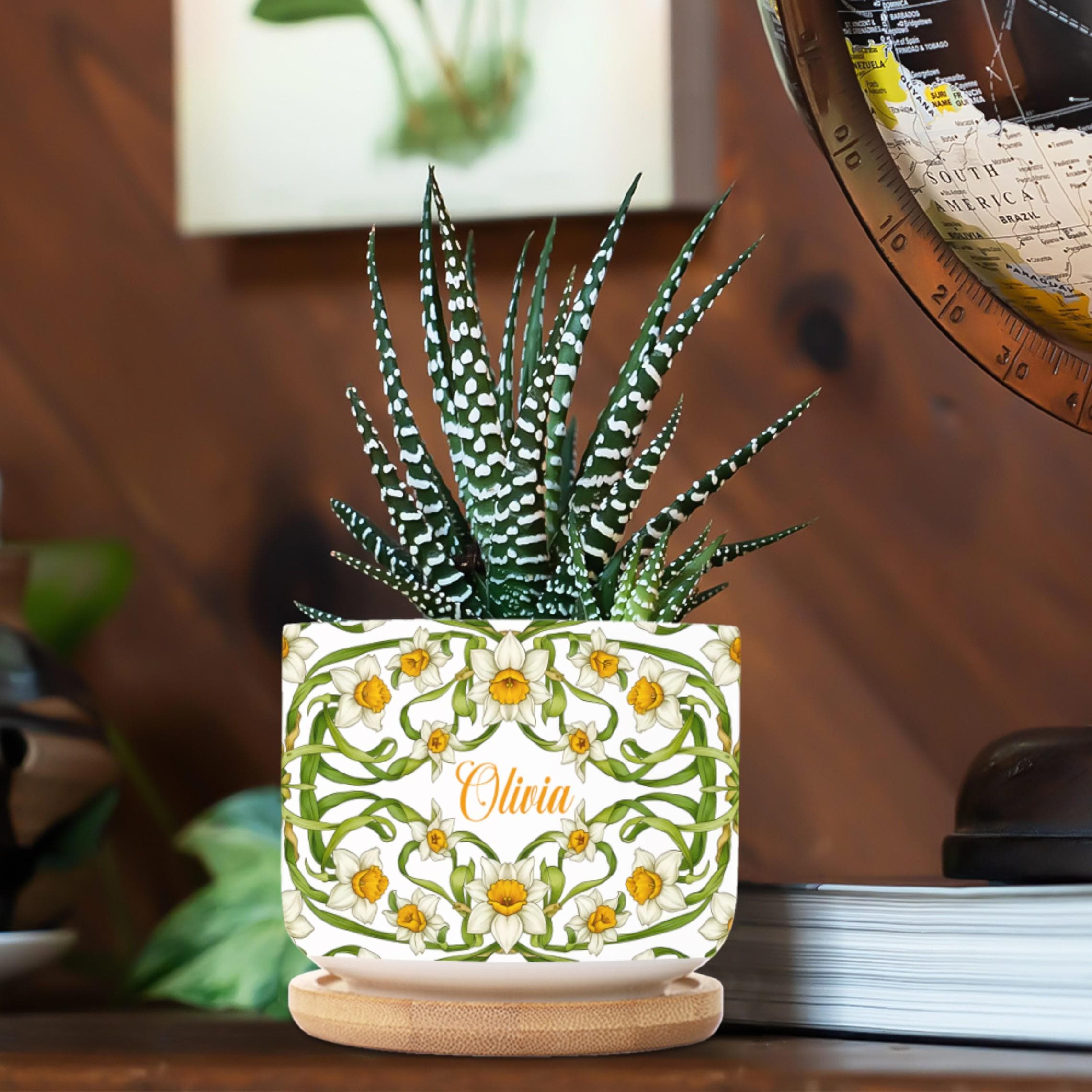 Personalized March Flower Daffodil Plant Pot: Custom Name Ceramic Succulent Planter with Tray image 5
