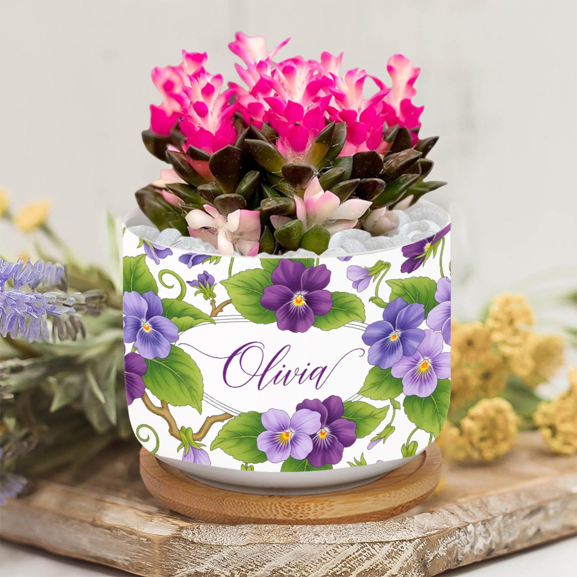 Personalized February Flower Violet Plant Pot: Custom Name Ceramic Succulent Planter with Tray image 1