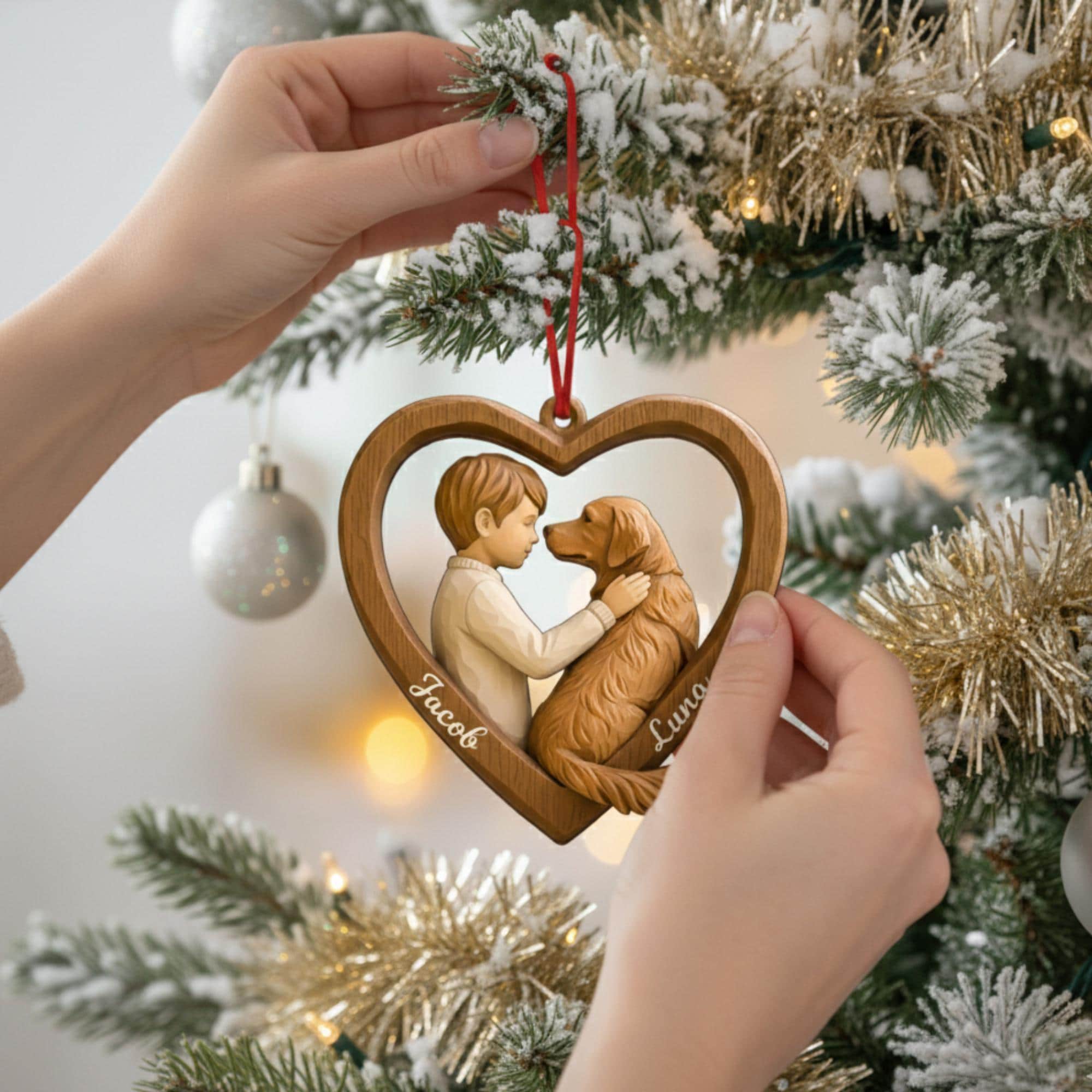 Custom Kid and Pet Ornament – Personalized Child and Dog 2 Layer Decoration image 2