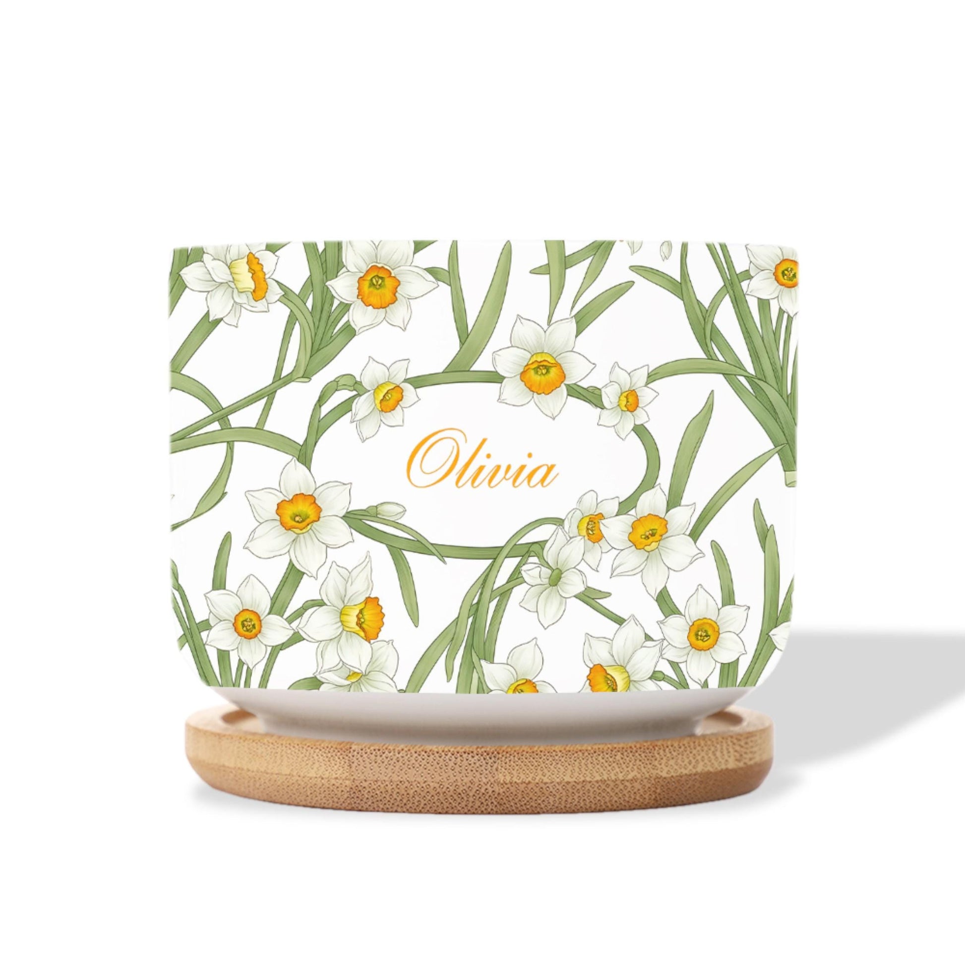 Personalized March Birthday Flower Daffodil Ceramic Pot: Custom Name, Succulent Planter with Tray image 2