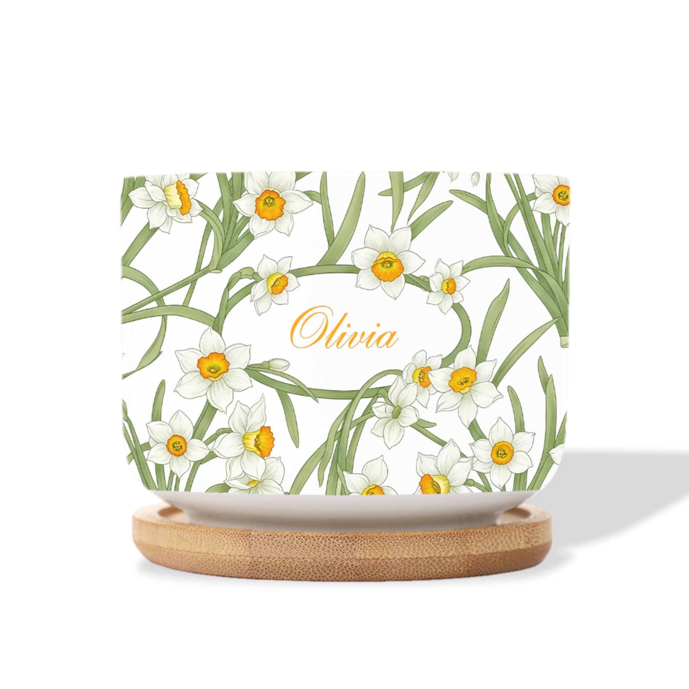 Personalized March Birthday Flower Daffodil Ceramic Pot: Custom Name, Succulent Planter with Tray image 2