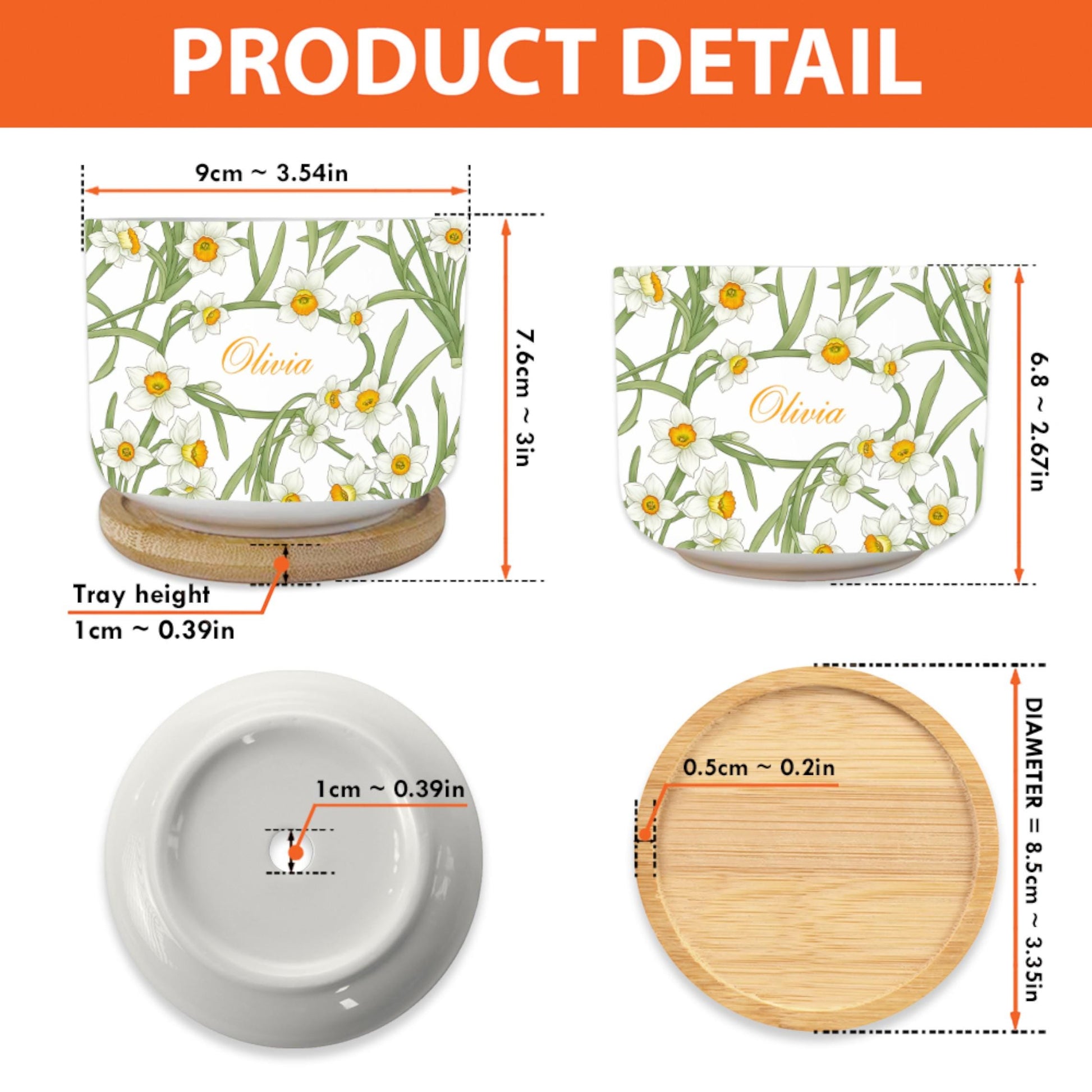 Personalized March Birthday Flower Daffodil Ceramic Pot: Custom Name, Succulent Planter with Tray image 4