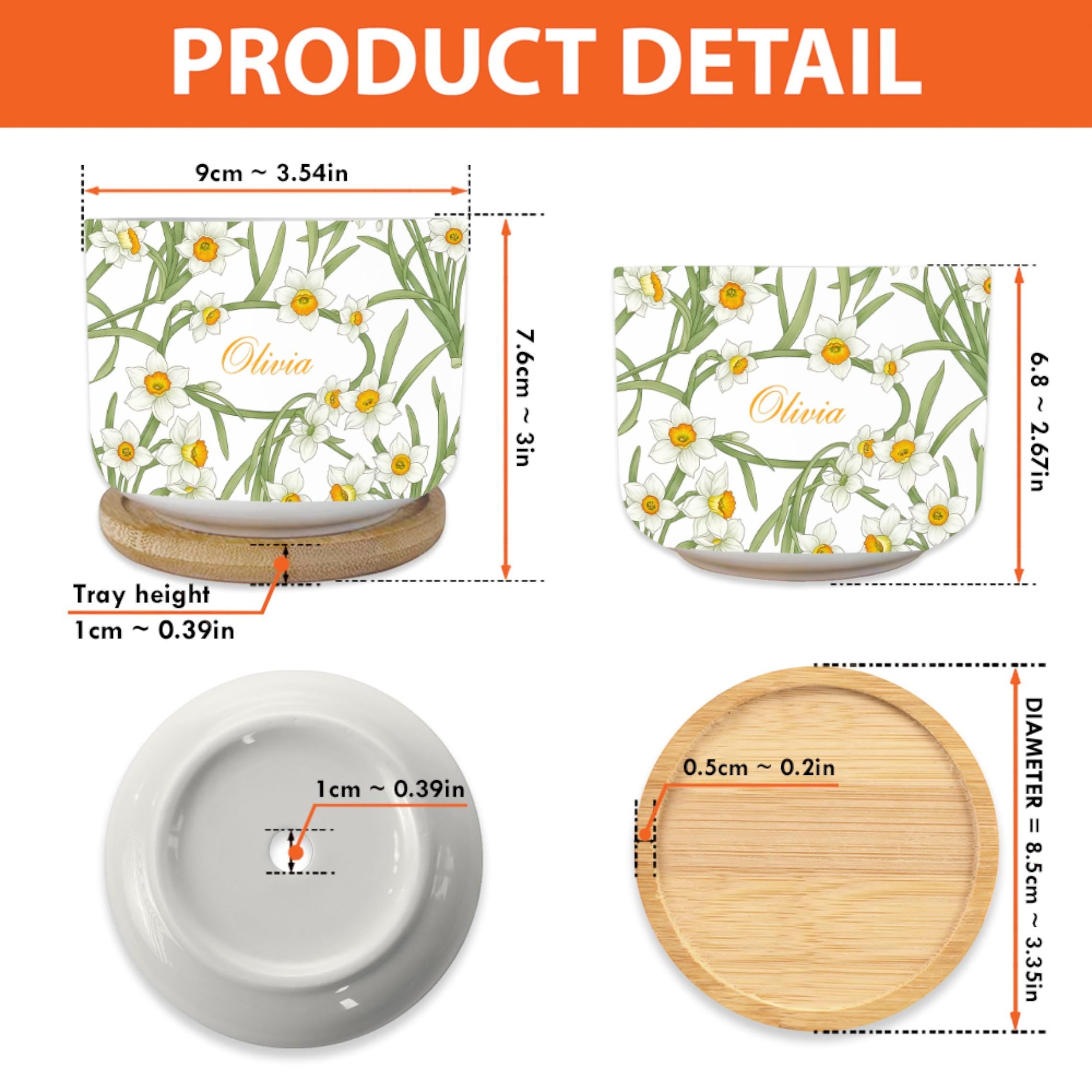 Personalized March Birthday Flower Daffodil Ceramic Pot: Custom Name, Succulent Planter with Tray image 4