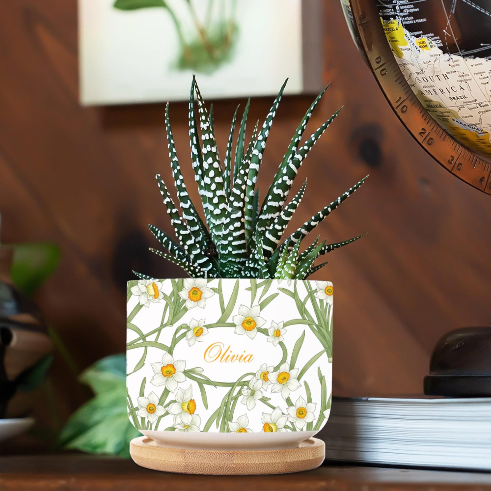 Personalized March Birthday Flower Daffodil Ceramic Pot: Custom Name, Succulent Planter with Tray image 7