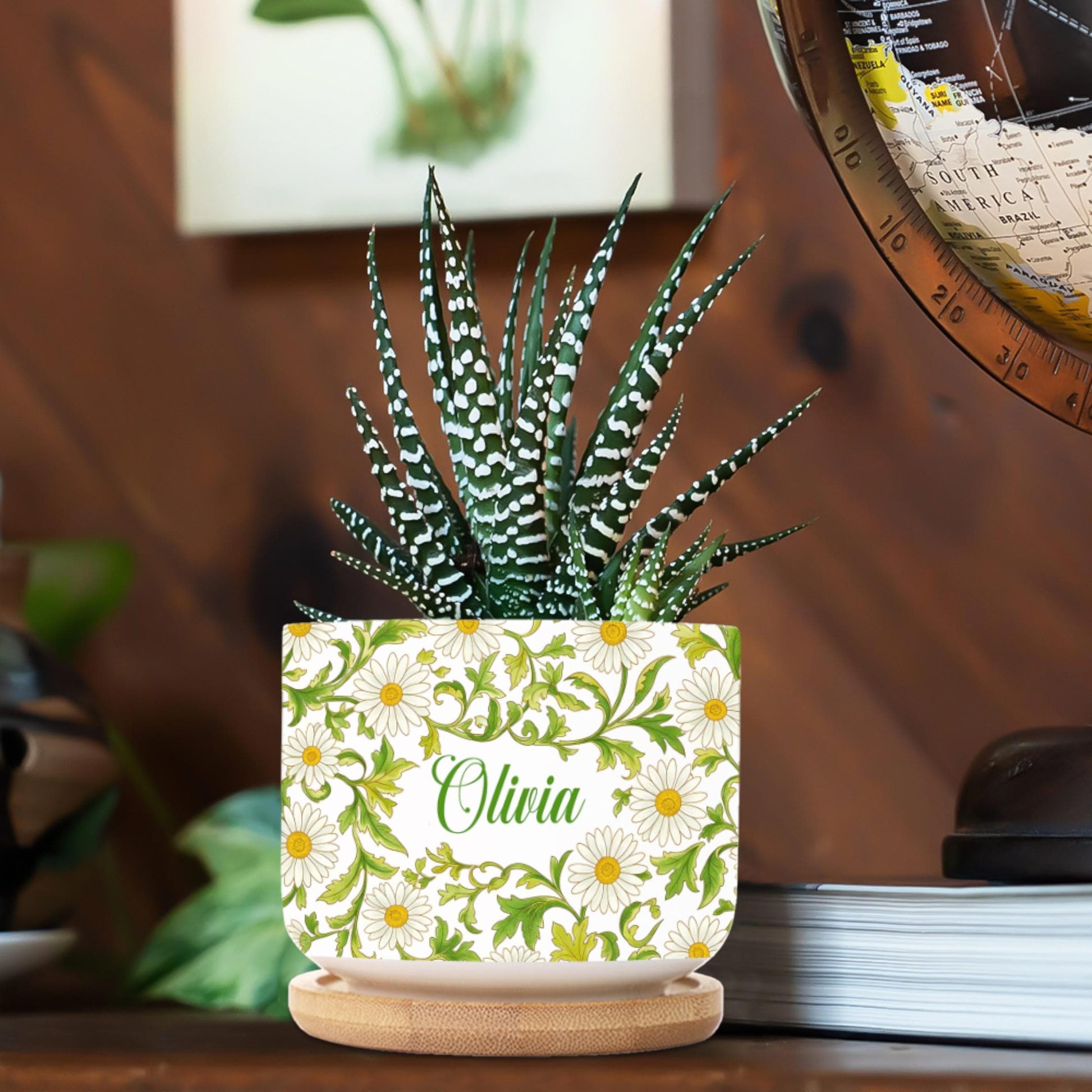 Personalized April Birthday Flower Daisy Plant Pot: Custom Name Ceramic Succulent Planter with Tray image 8