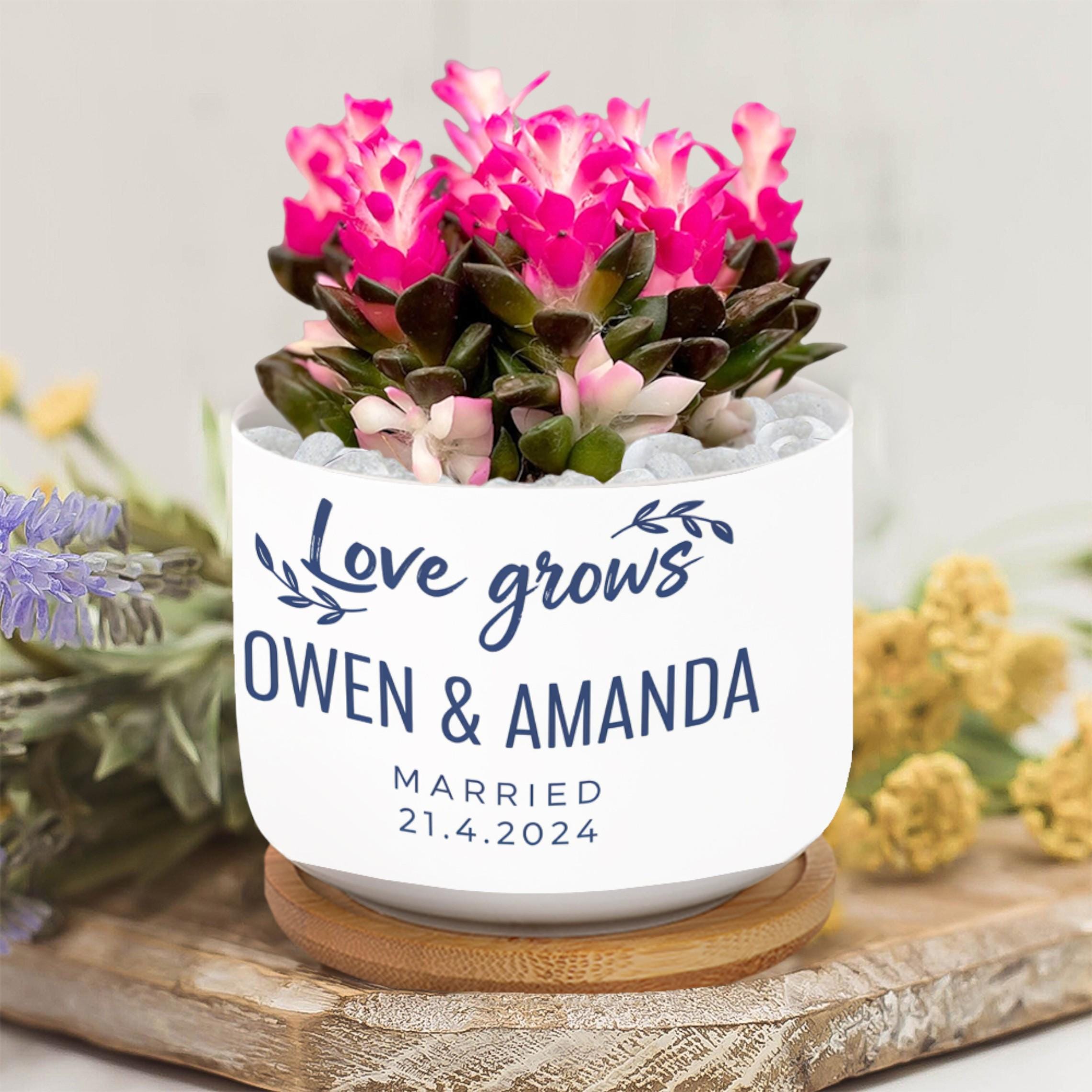 Personalized Couple's Ceramic Pot: Custom Names, "Love Grows" Wedding Gift Planter image 1