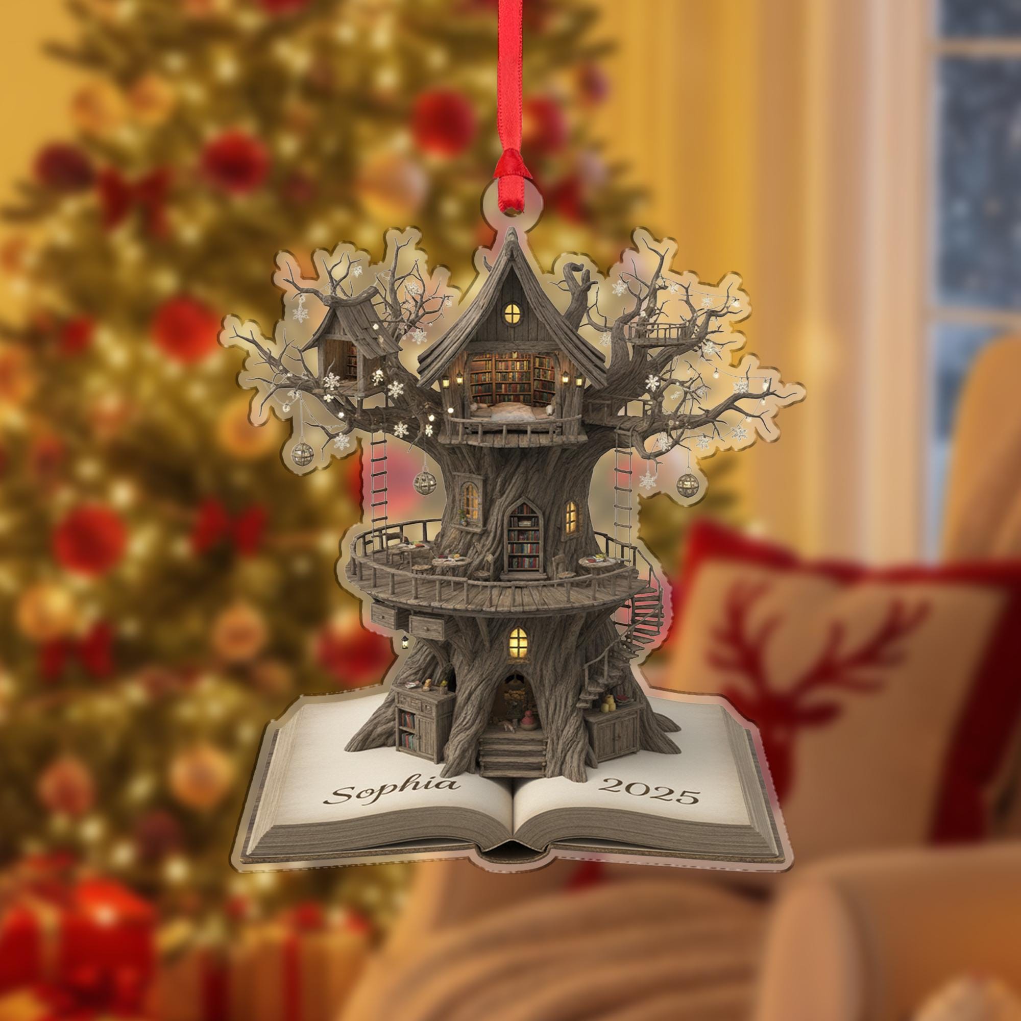 Personalized Treehouse Book Ornament, Librarian Reader Gift, Custom Wood or Acrylic Family Keepsake image 2