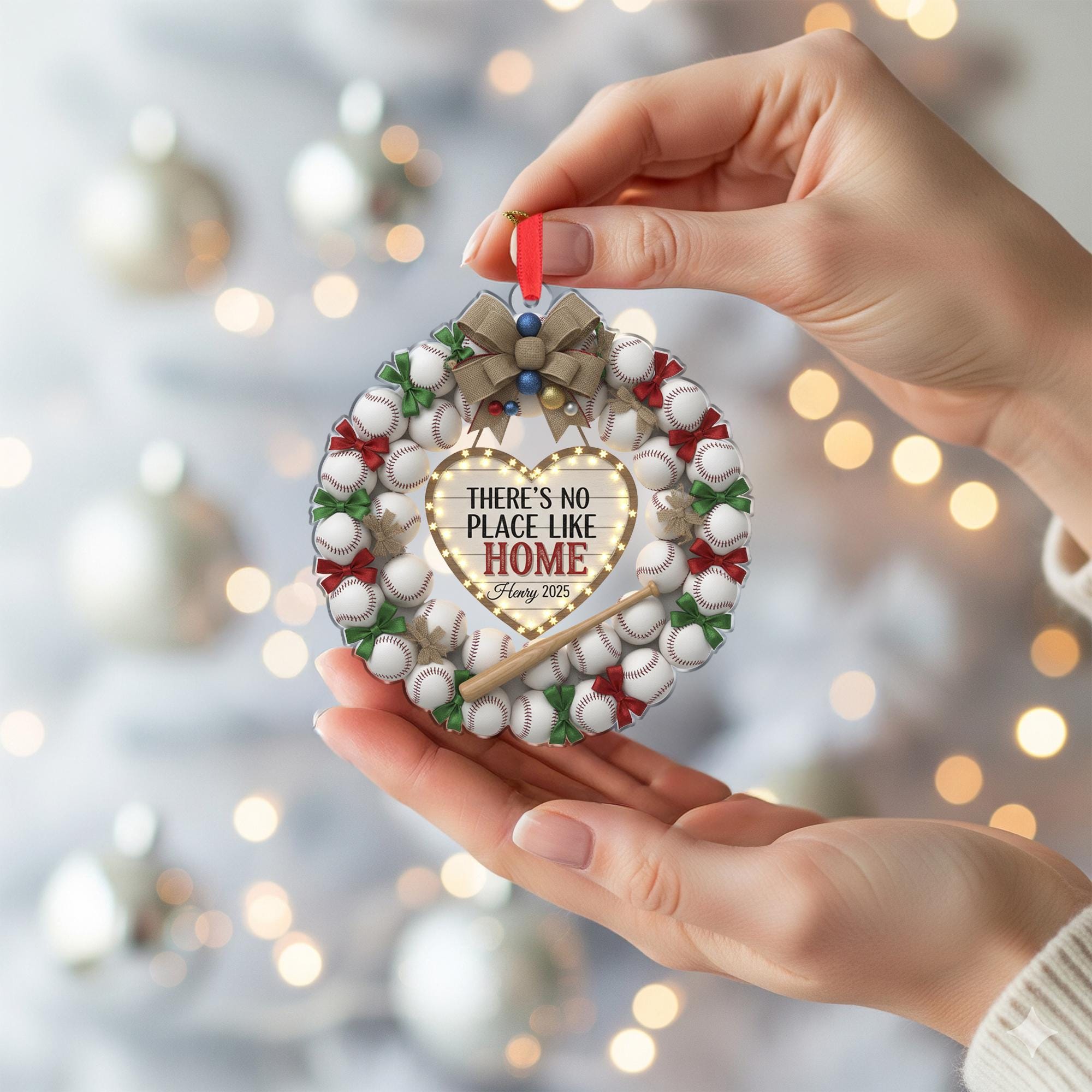 Personalized Baseball Wreath Ornament: "No Place Like Home" Sign, Custom Name, Dated 2025 image 4