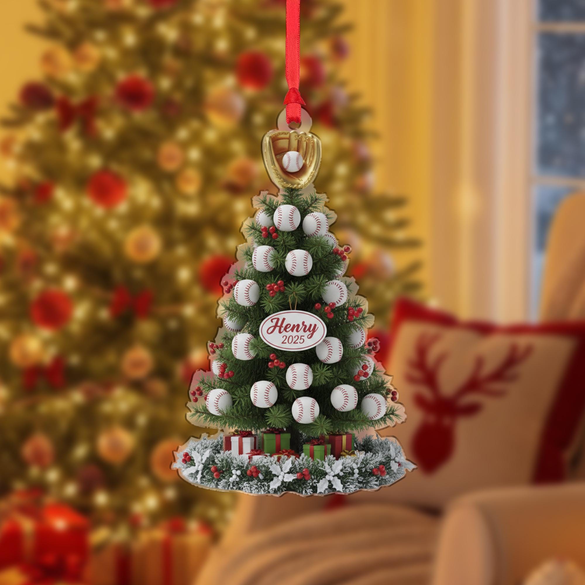 Personalized Baseball Christmas Tree Ornament: Custom Name Plaque, Dated 2025, Baseball Glove Topper image 2