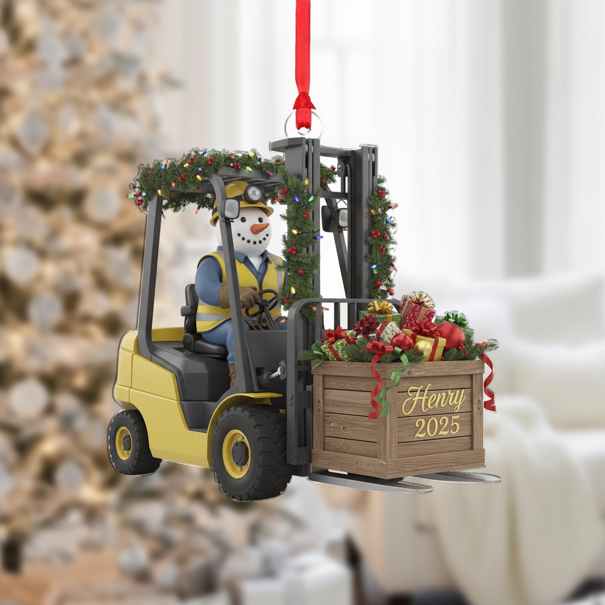 Personalized Forklift Ornament: Snowman Driver, Custom Name Crate, Dated 2025, Hard Hat image 2