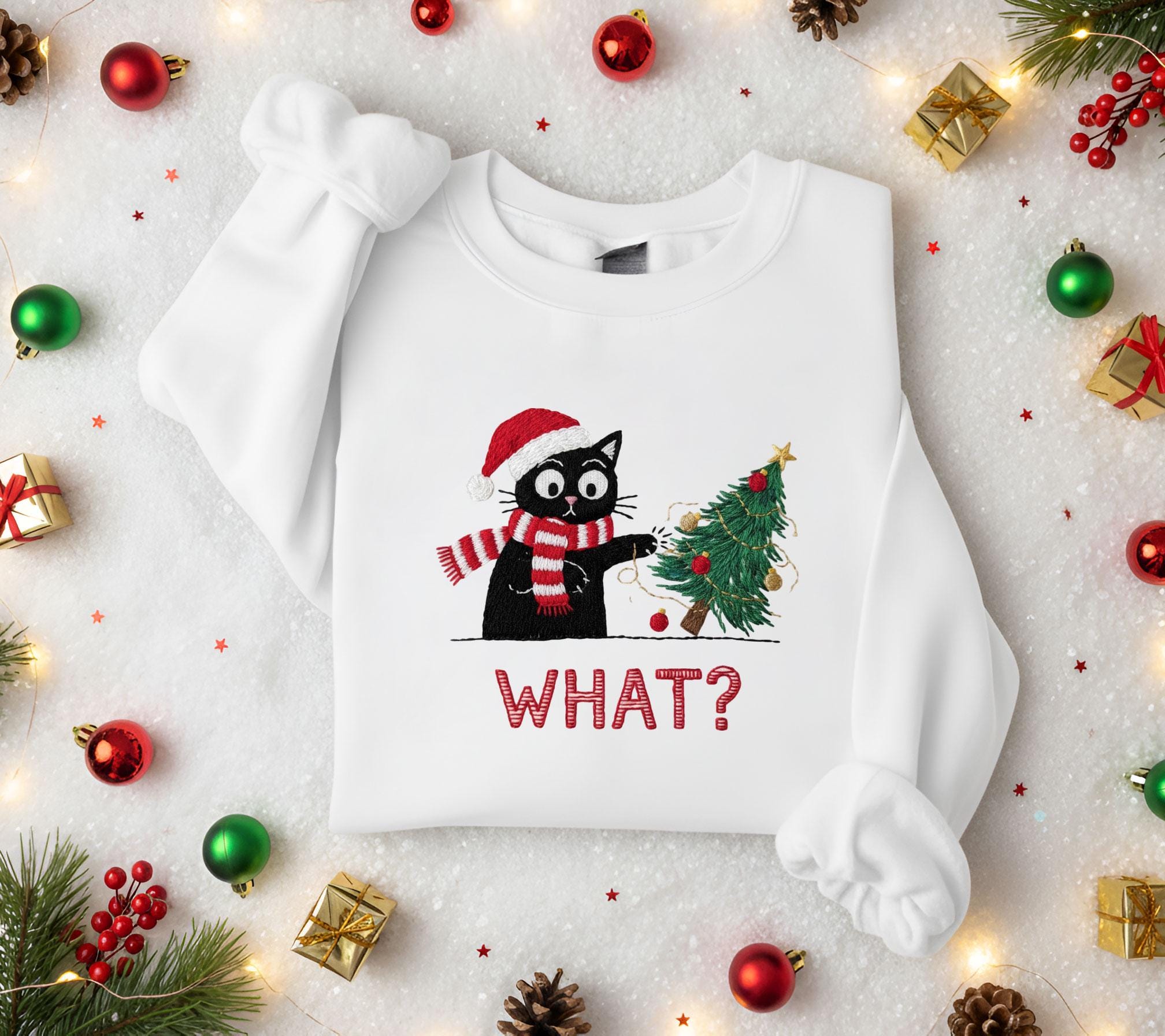 Embroidered Sweatshirt: Holiday Jumper Crewneck, Funny Cat Christmas Apparel image 1