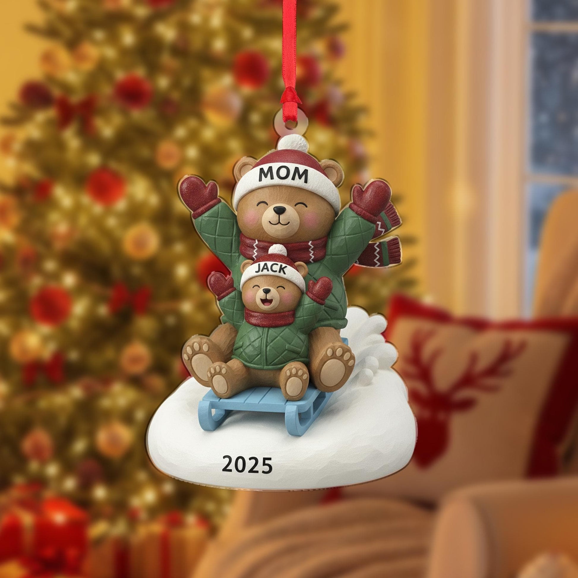 Mom & Child Bear Sled Christmas Ornament: Custom Names 2025 Holiday Tree Decor image 2
