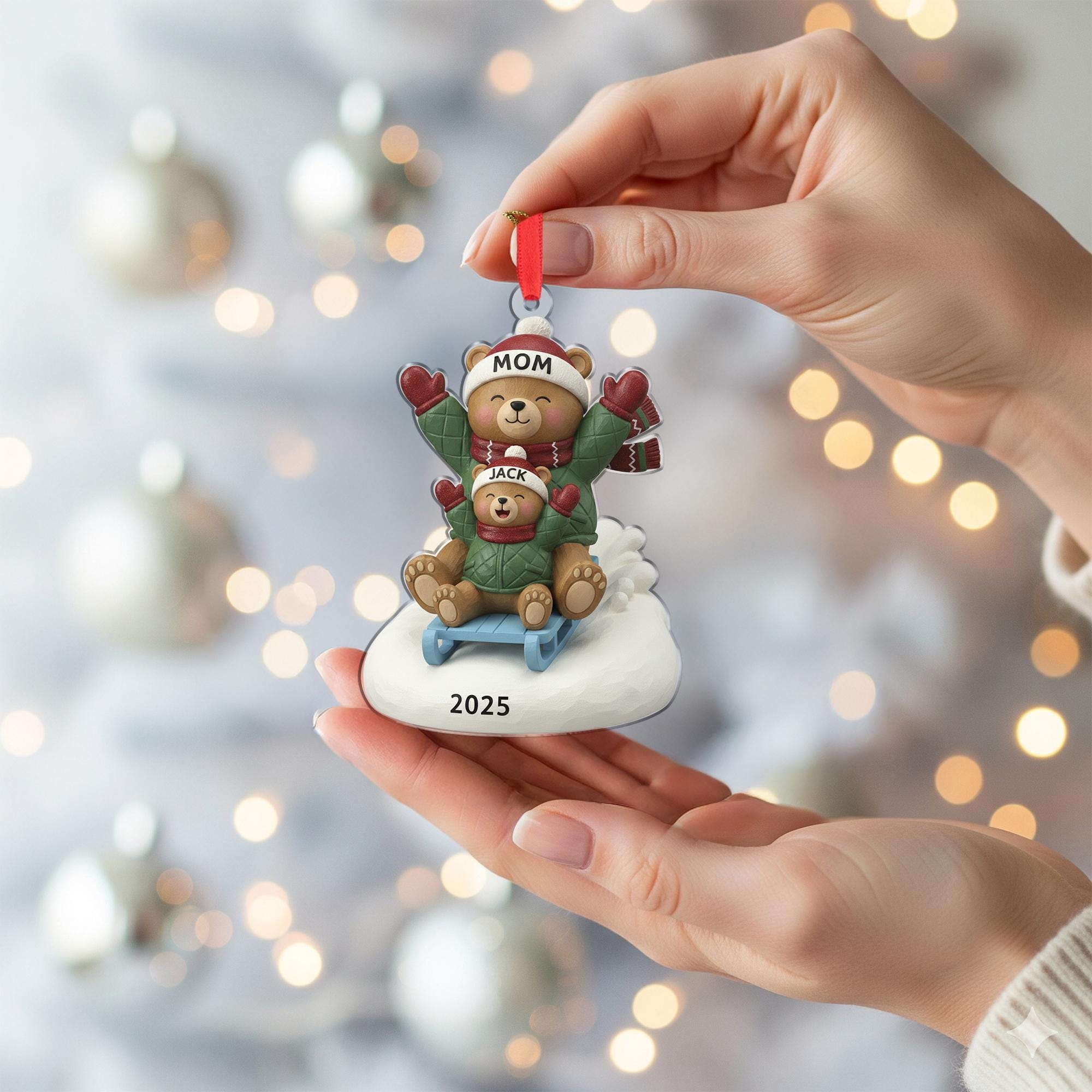 Mom & Child Bear Sled Christmas Ornament: Custom Names 2025 Holiday Tree Decor image 4