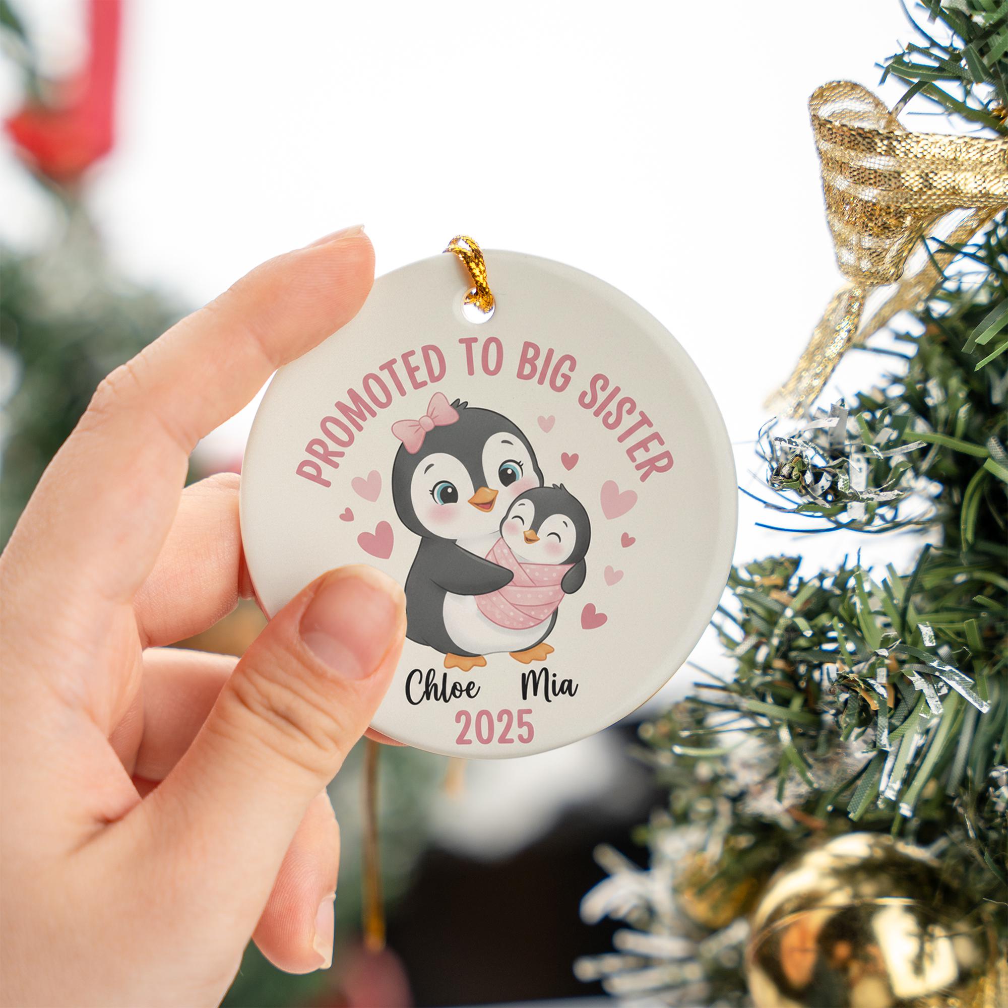 Personalized Ceramic Ornament – Big Sister Announcement, Penguin Design, Baby Arrival Keepsake image 2