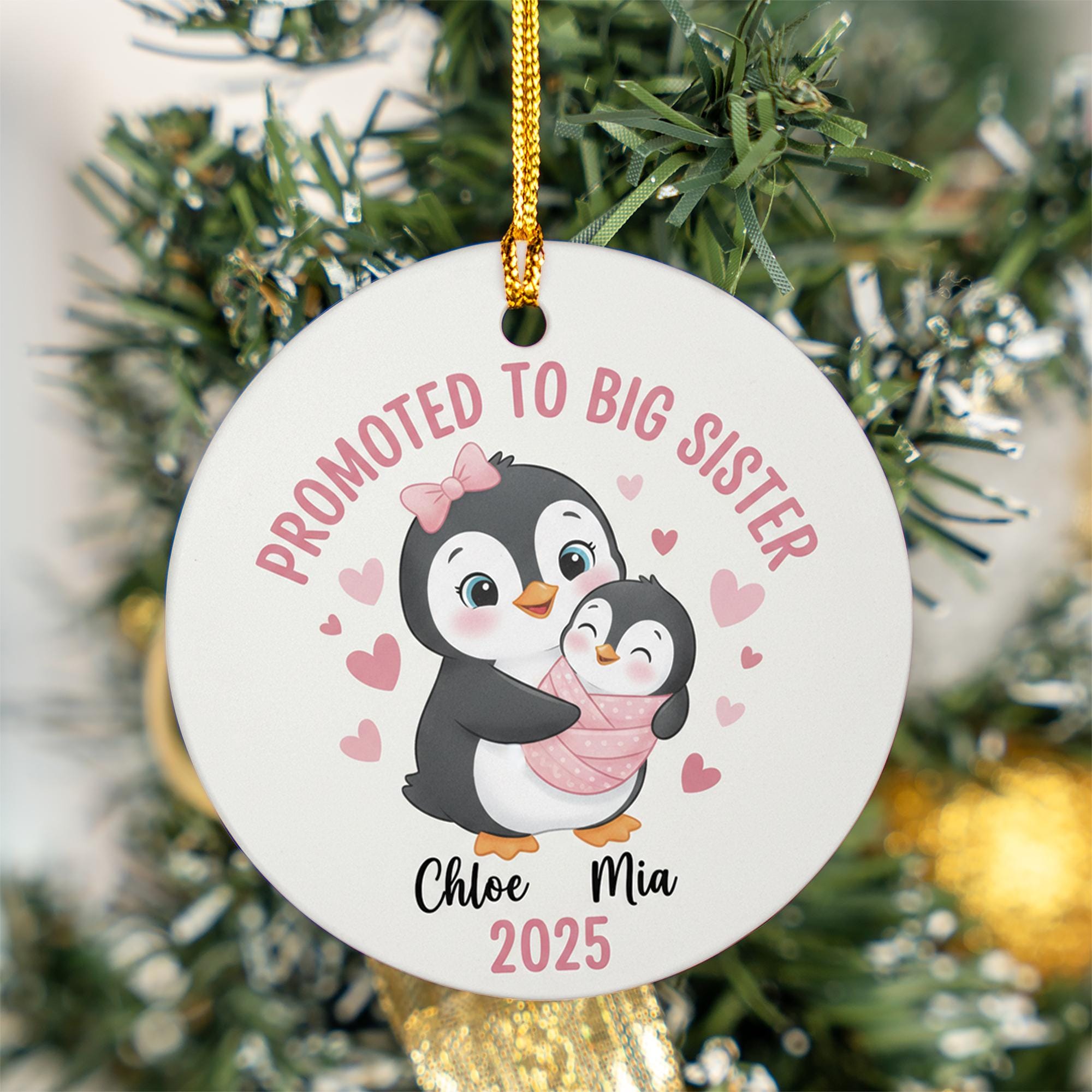 Personalized Ceramic Ornament – Big Sister Announcement, Penguin Design, Baby Arrival Keepsake image 1