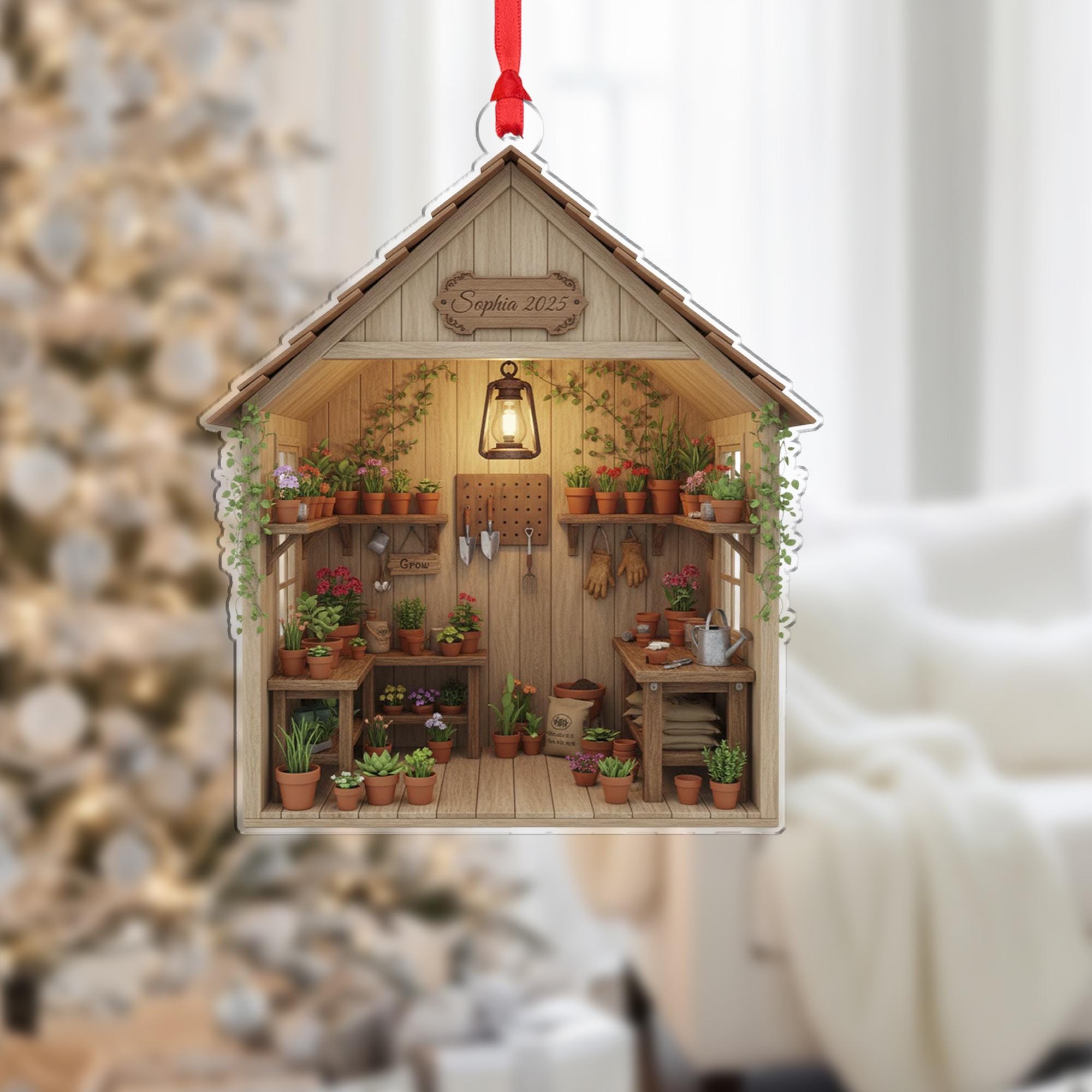 Personalized Acrylic Ornament: Gardener Shed Diorama; Miniature Greenhouse, Shadow Box Decor, Custom Name image 1