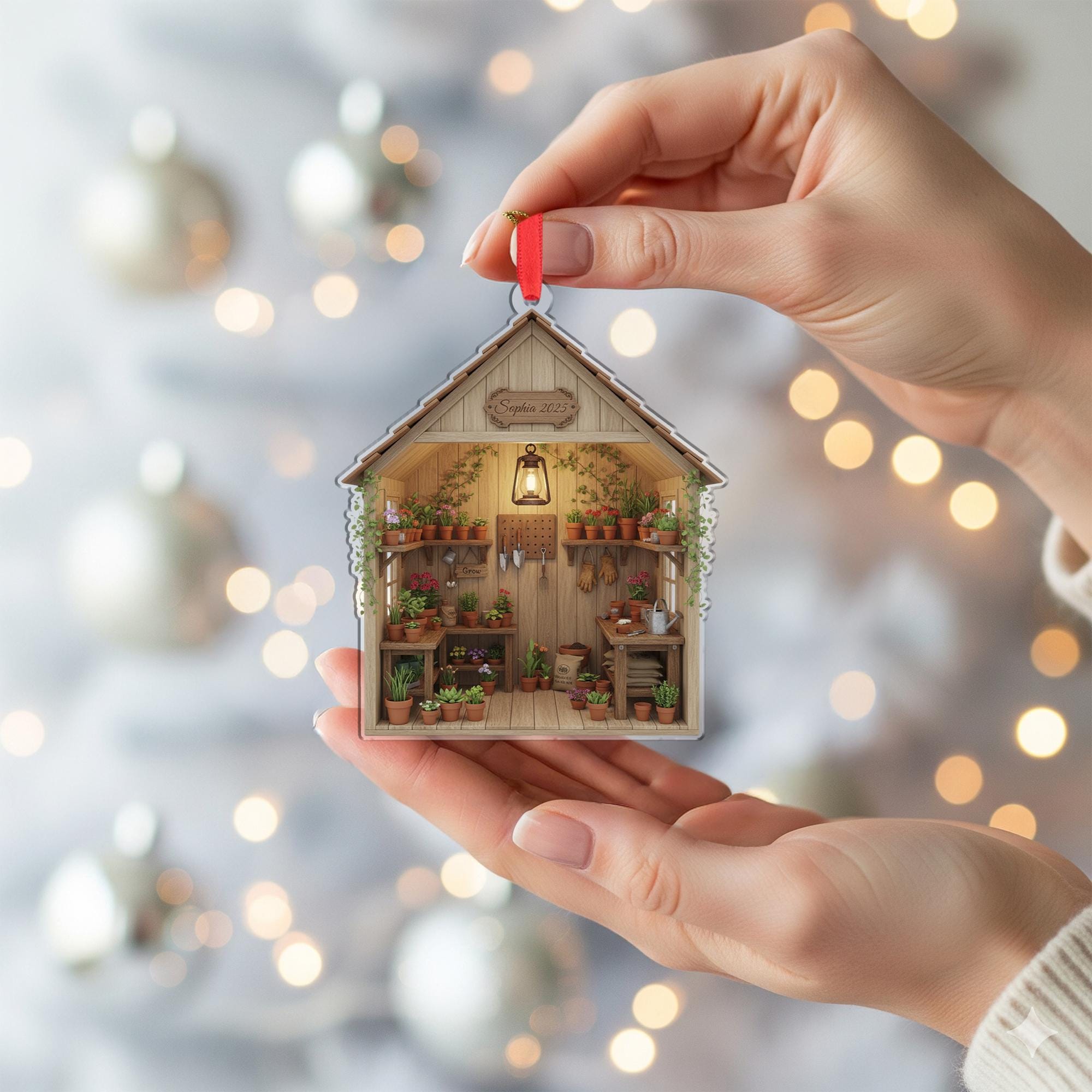 Personalized Acrylic Ornament: Gardener Shed Diorama; Miniature Greenhouse, Shadow Box Decor, Custom Name image 2