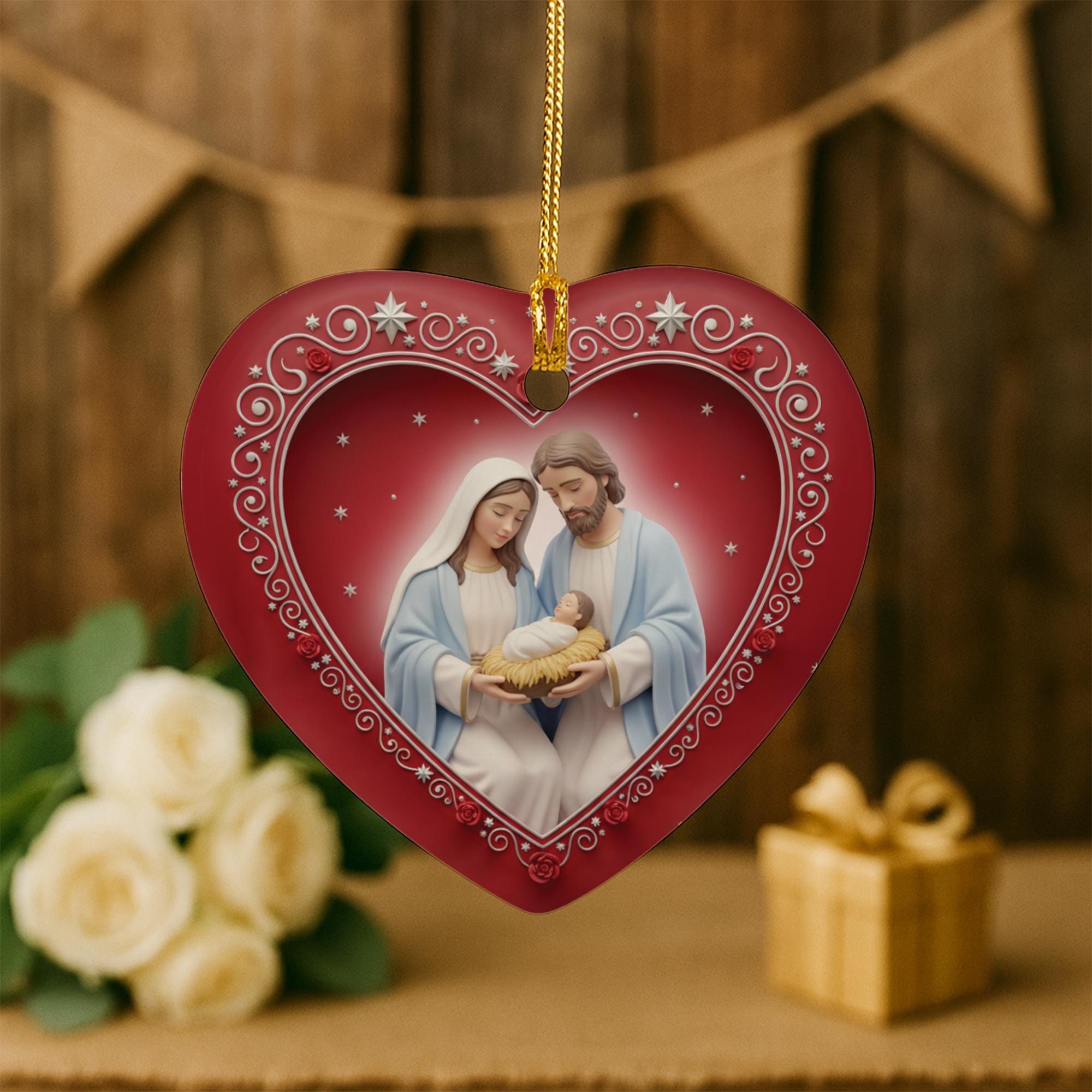 Ceramic Heart Ornament: Holy Family Nativity Scene; Religious Decor, Mary Joseph Jesus, Red Rose Border image 2