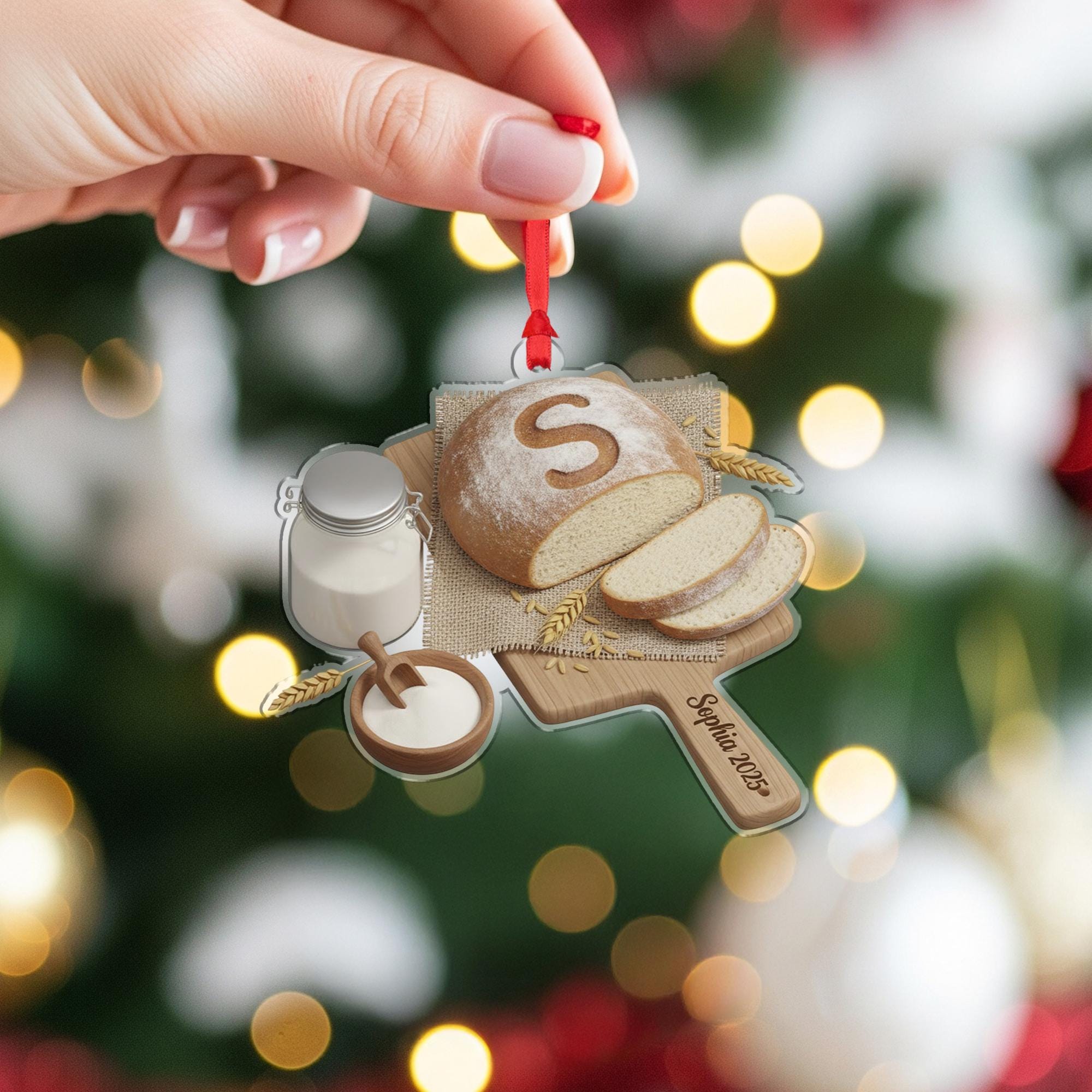Personalized Acrylic Ornament: Bread Baker Decor; Sourdough Loaf, Cutting Board Hanger, Custom Initial image 2