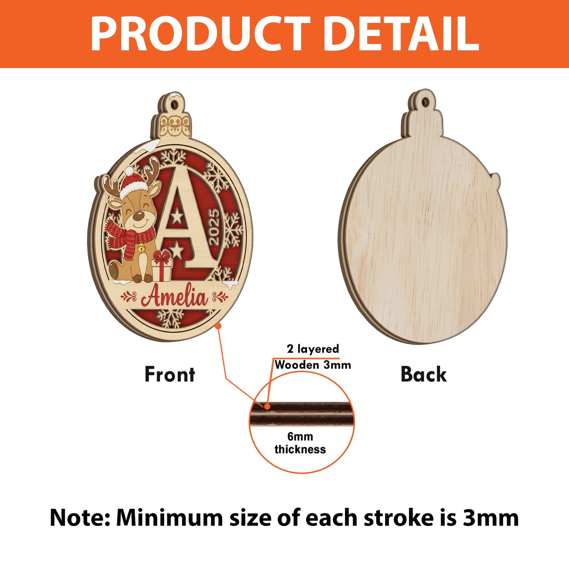 Custom Initial Reindeer Ornament - Personalized 2-Layer Name Christmas Gift for Kids image 2