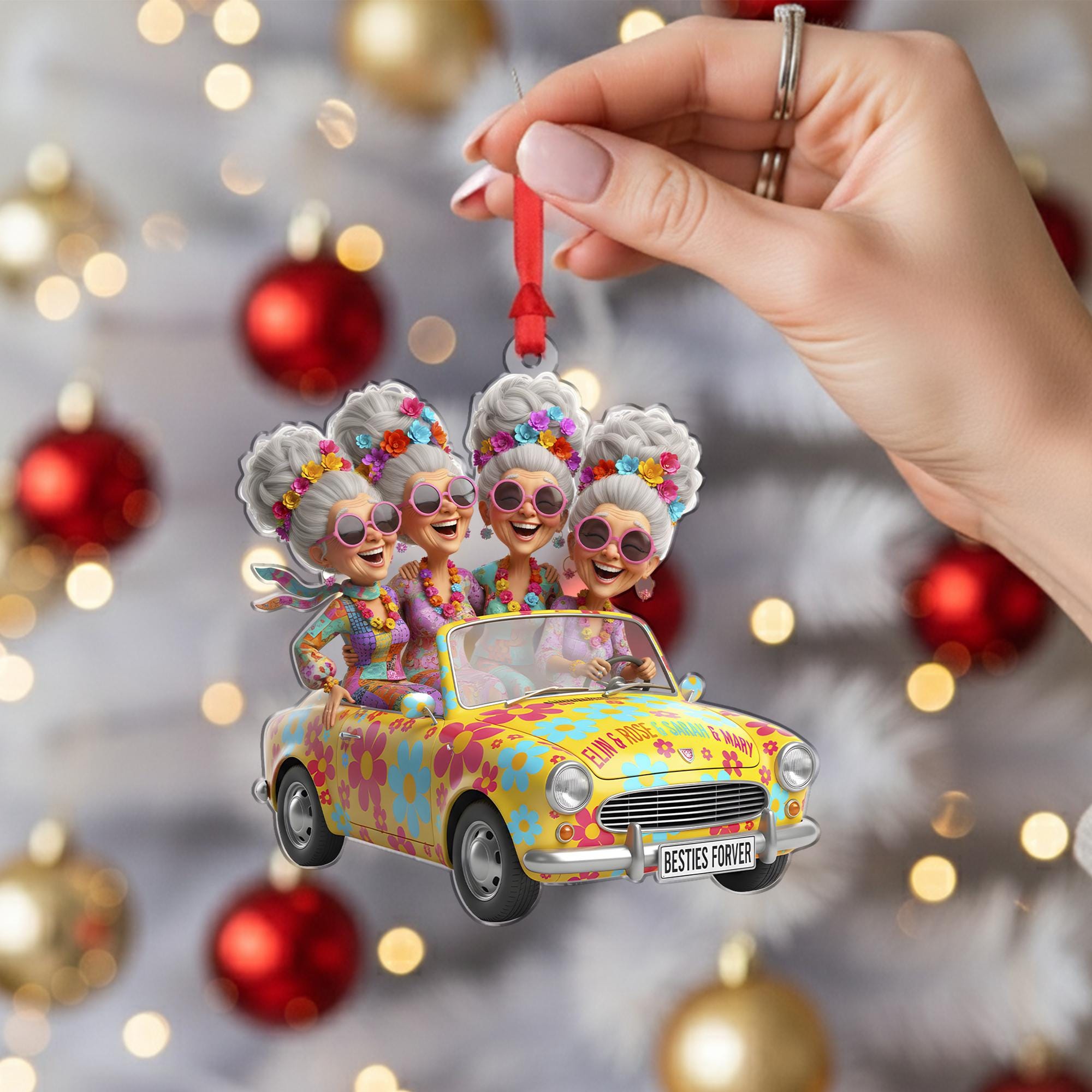 Personalized Acrylic Ornament: Retro Hippie Friends Car, Custom Name image 6