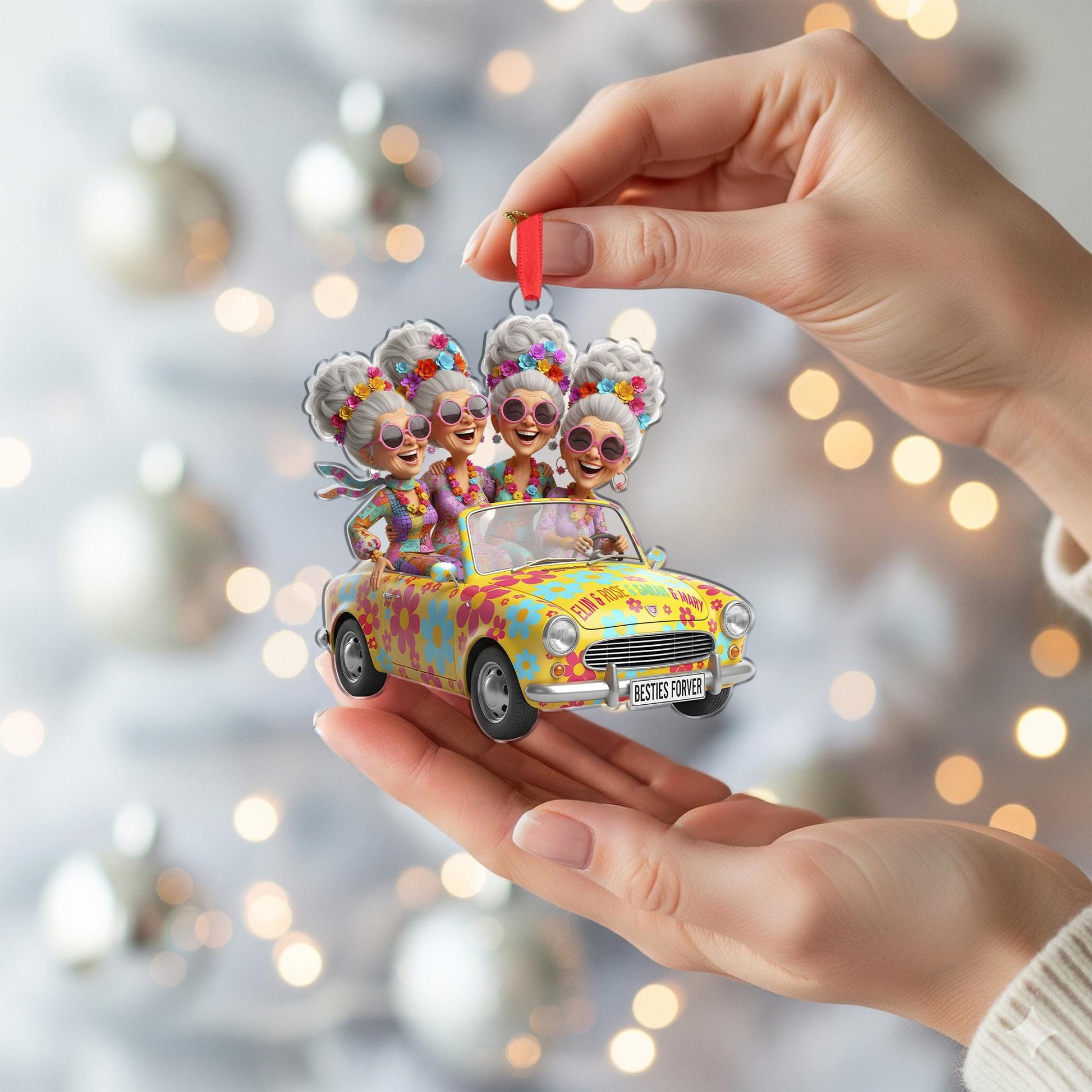 Personalized Acrylic Ornament: Retro Hippie Friends Car, Custom Name image 4