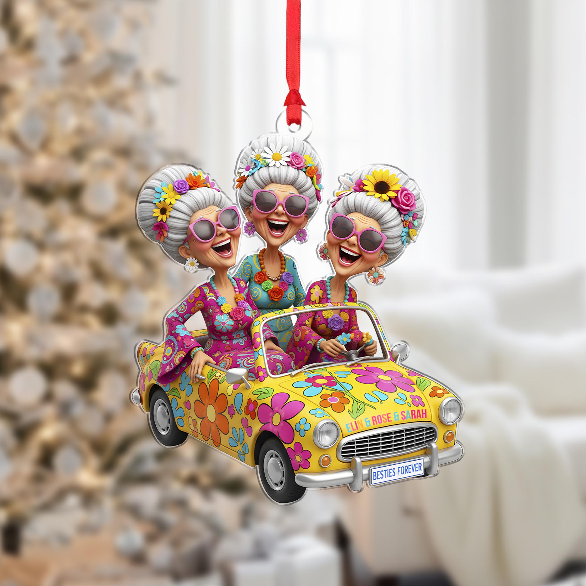 Personalized Acrylic Ornament: Elderly Friends in Car; Retro Hippie Style, Flower Power Convertible, Custom Name image 1