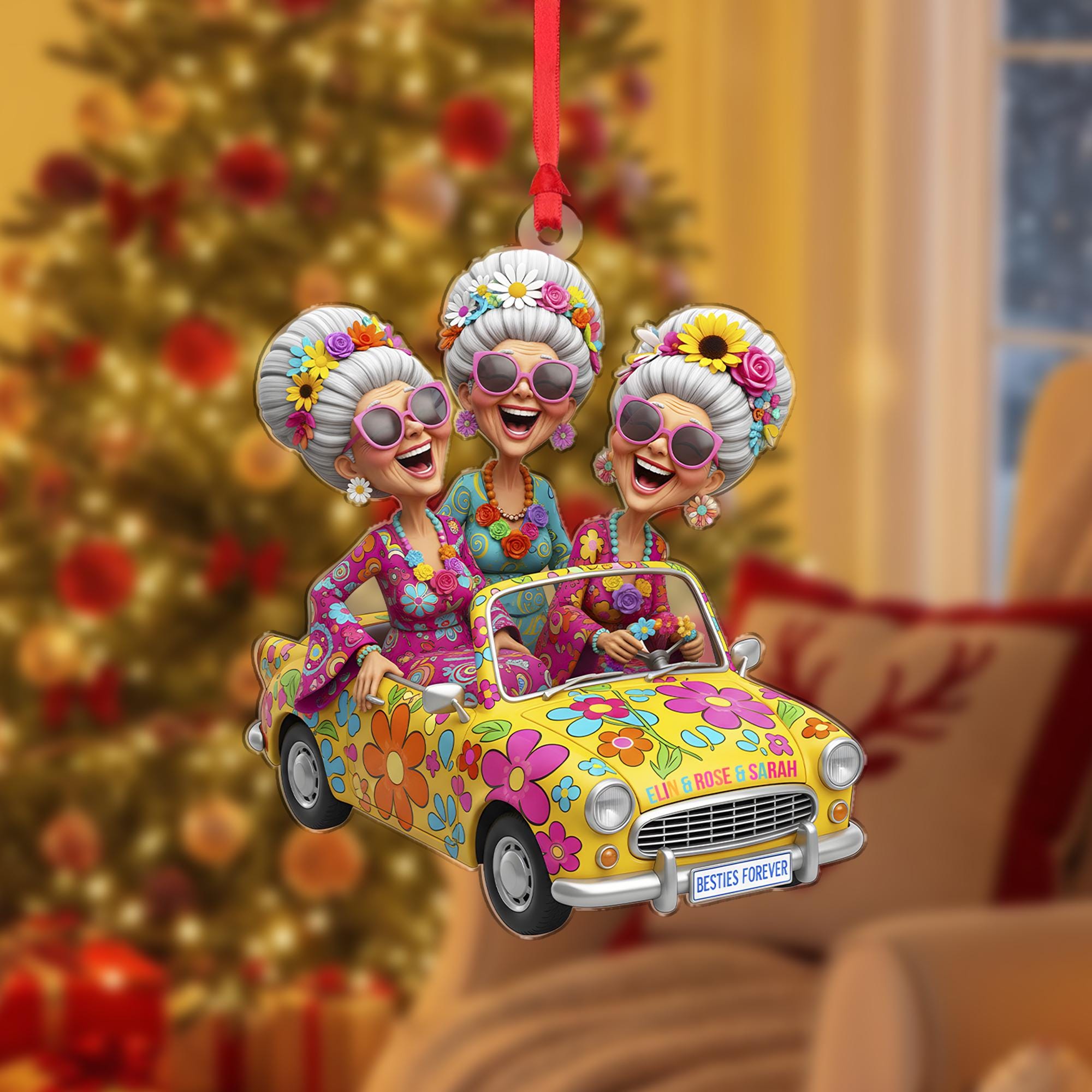 Personalized Acrylic Ornament: Elderly Friends in Car; Retro Hippie Style, Flower Power Convertible, Custom Name image 2