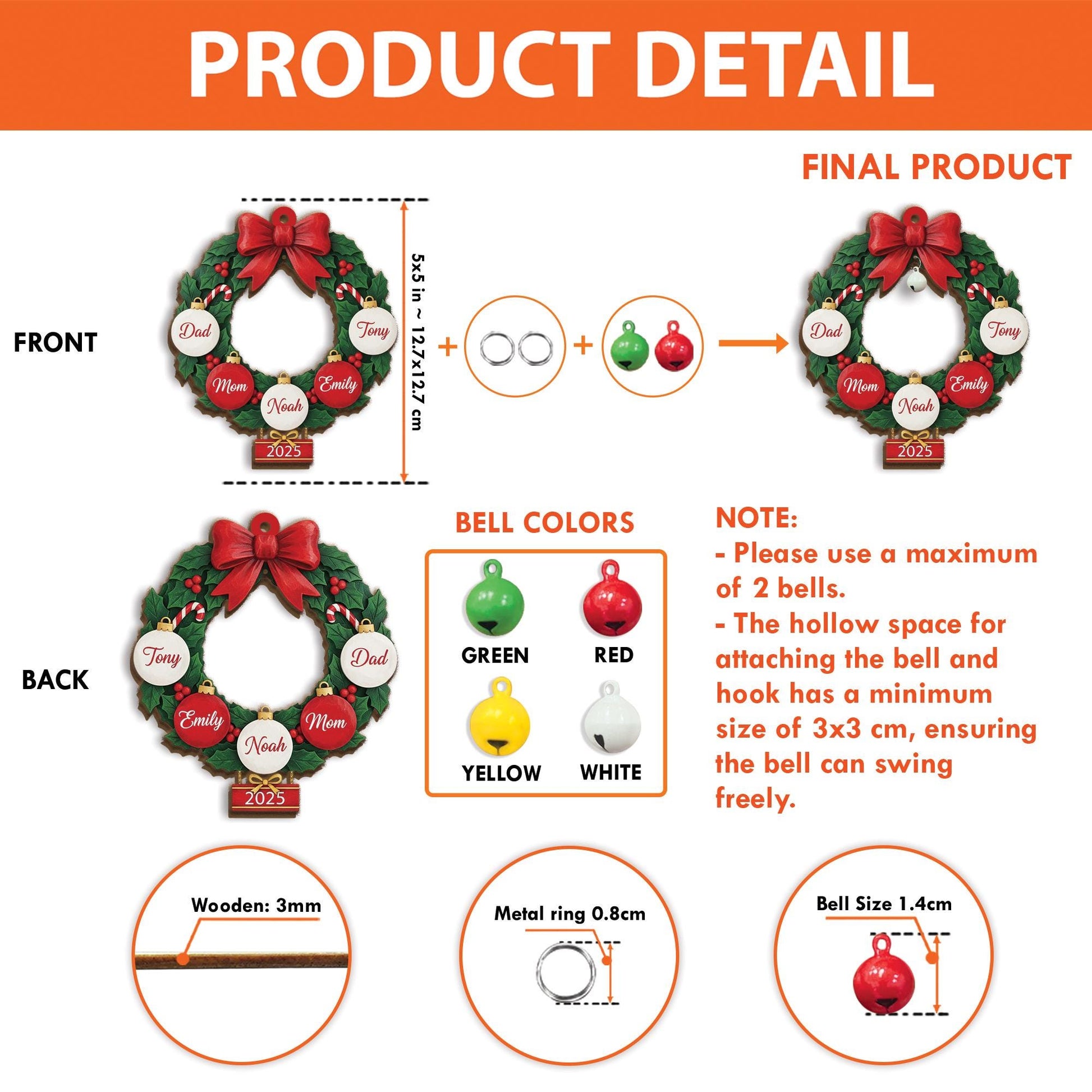 Custom Family Name Wreath Ornament - Personalized Christmas Keepsake with Bell Gift image 3