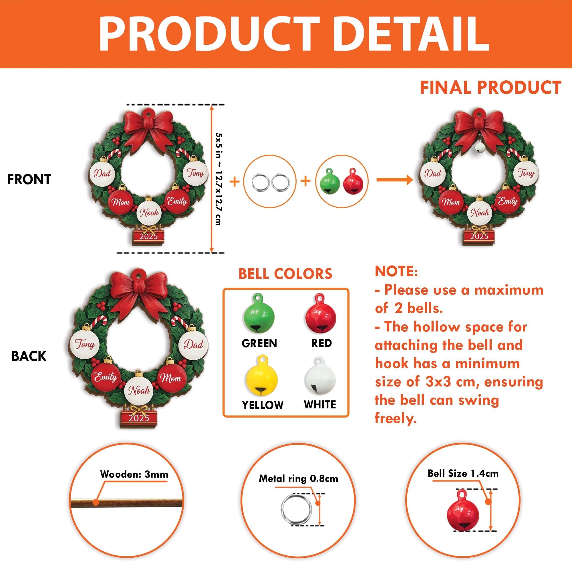 Custom Family Name Wreath Ornament - Personalized Christmas Keepsake with Bell Gift image 3