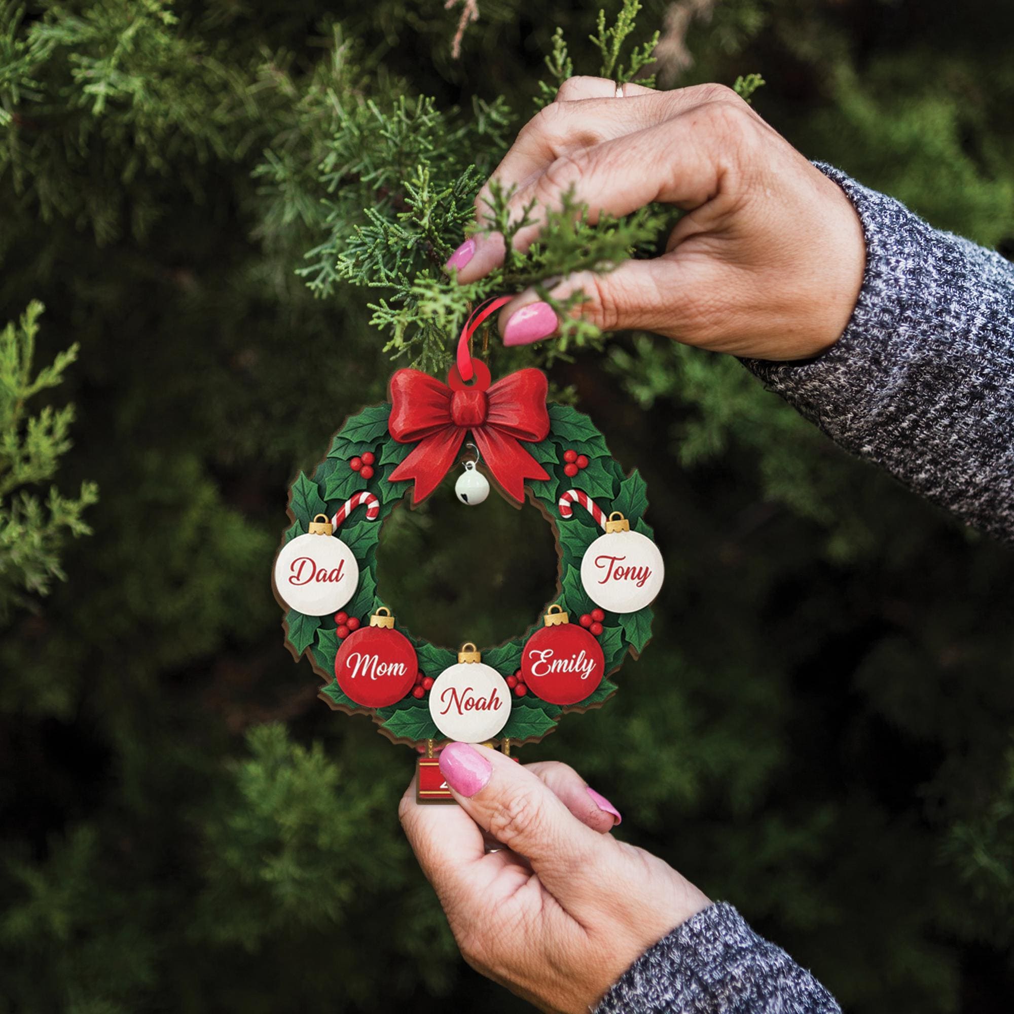 Custom Family Name Wreath Ornament - Personalized Christmas Keepsake with Bell Gift image 6