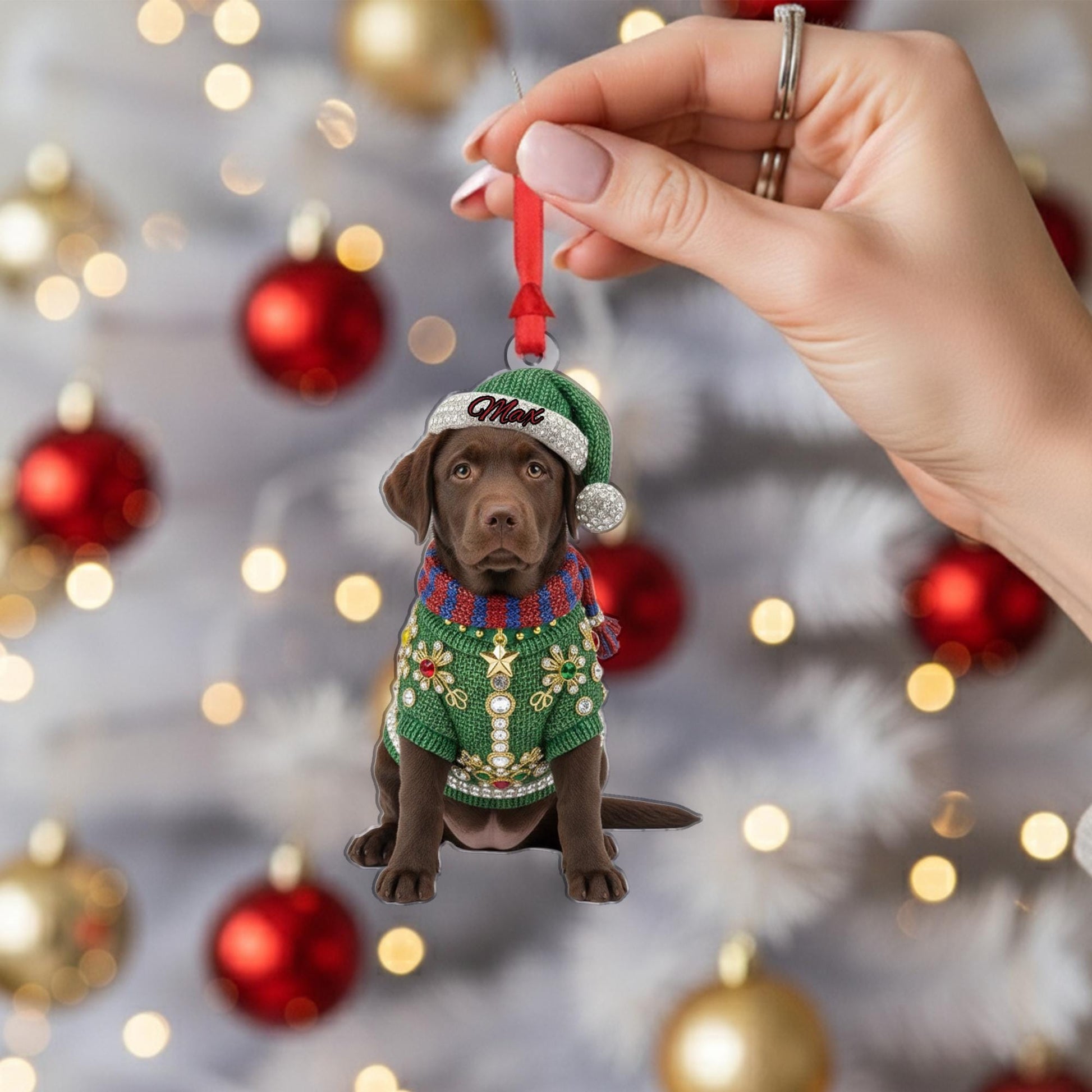 Personalized Acrylic Ornament: Chocolate Lab Puppy; Jeweled Christmas Sweater, Custom Name Hat image 6