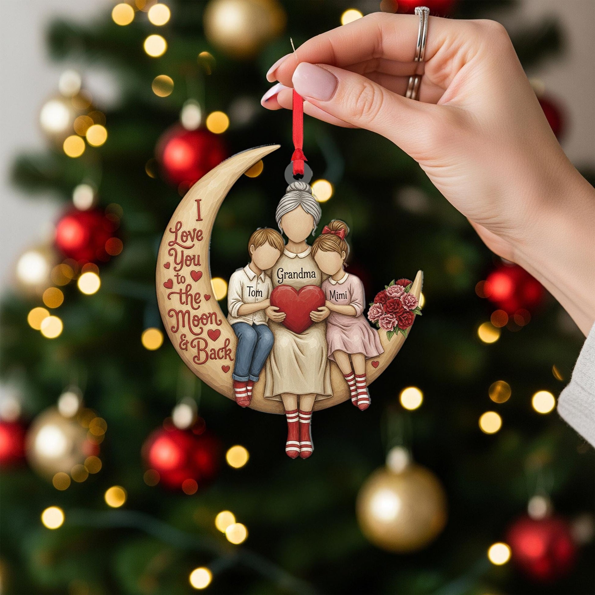 Personalized Acrylic Ornament – Family on Moon Design, Custom Name Decoration, Heart Theme Keepsake image 3